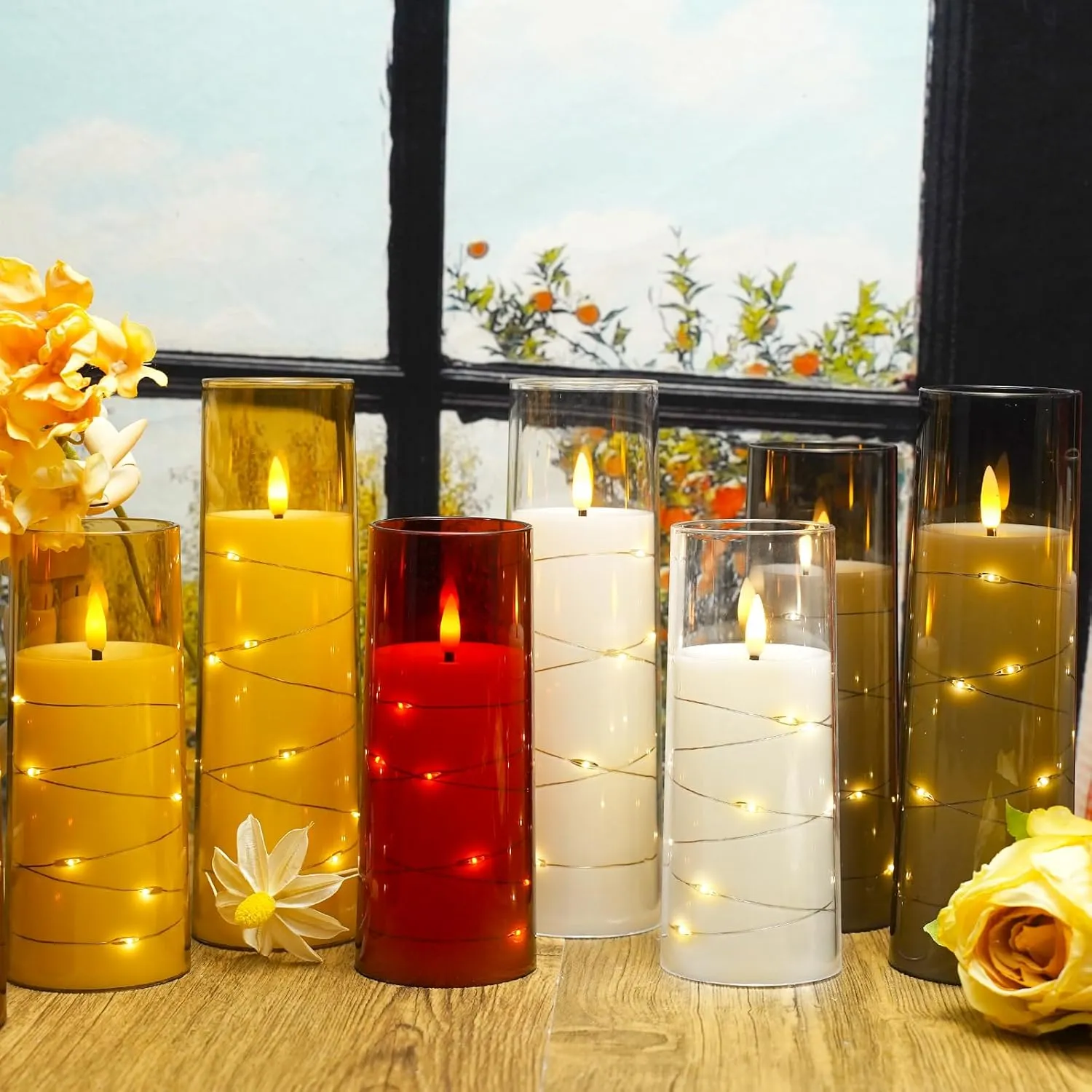 Flickering Flameless LED Candles,Battery Operated Candles 9 Pcs with Embedded Star String,Acrylic LED Pillar Candles with Remote,Suitable for Home Decoration to Create an Atmosphere（Red）