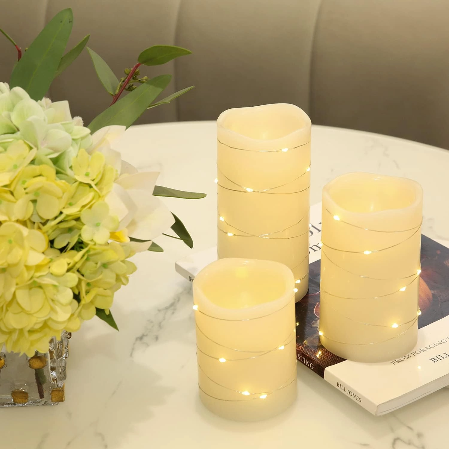 Flickering Flameless Candles Ivory Real Wax Pillar with Embedded String Lights LED Candles Battery Operated with Cycling 5H Timer Set of 3 (3" x 4"/5"/6") (Ivory)