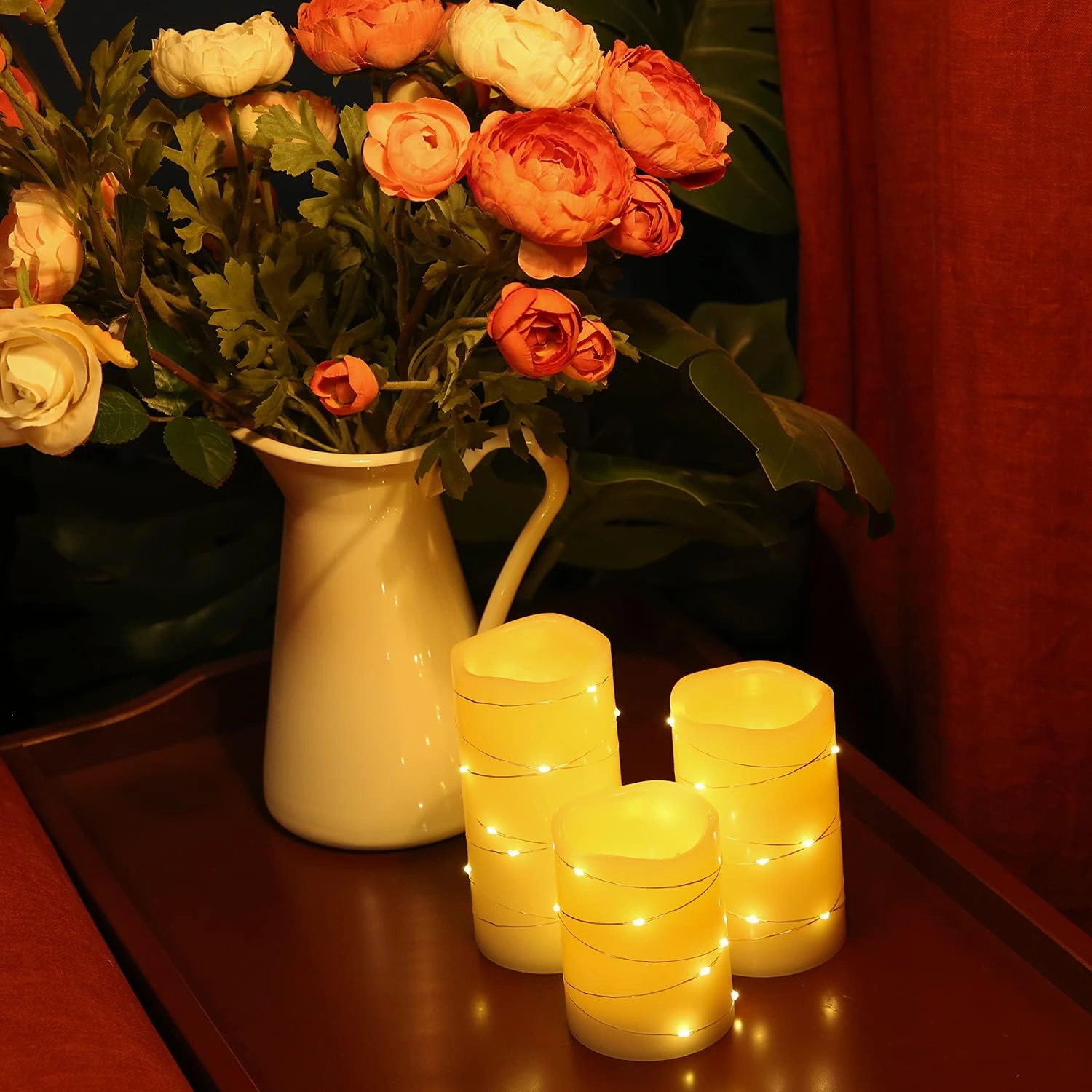 Flickering Flameless Candles Ivory Real Wax Pillar with Embedded String Lights LED Candles Battery Operated with Cycling 5H Timer Set of 3 (3" x 4"/5"/6") (Ivory)