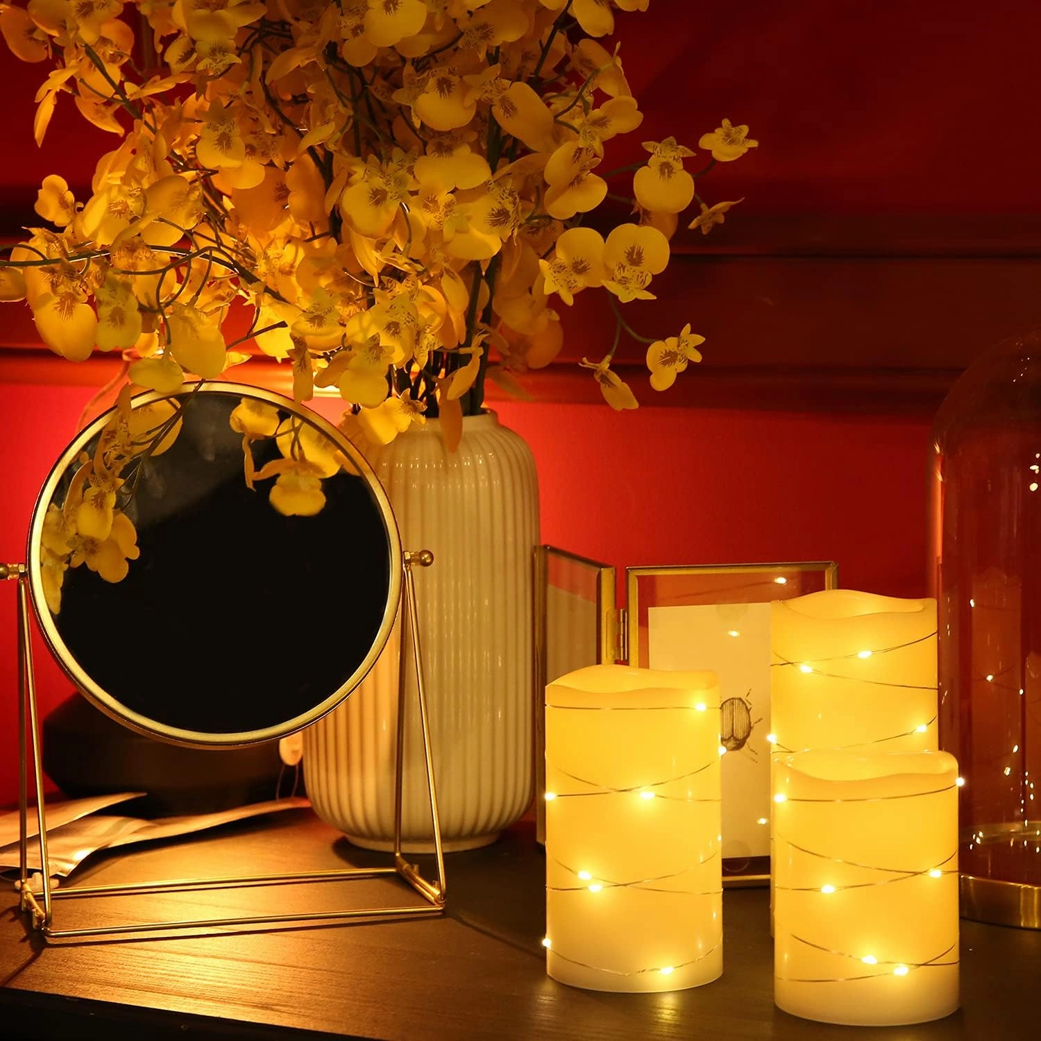 Flickering Flameless Candles Ivory Real Wax Pillar with Embedded String Lights LED Candles Battery Operated with Cycling 5H Timer Set of 3 (3" x 4"/5"/6") (Ivory)