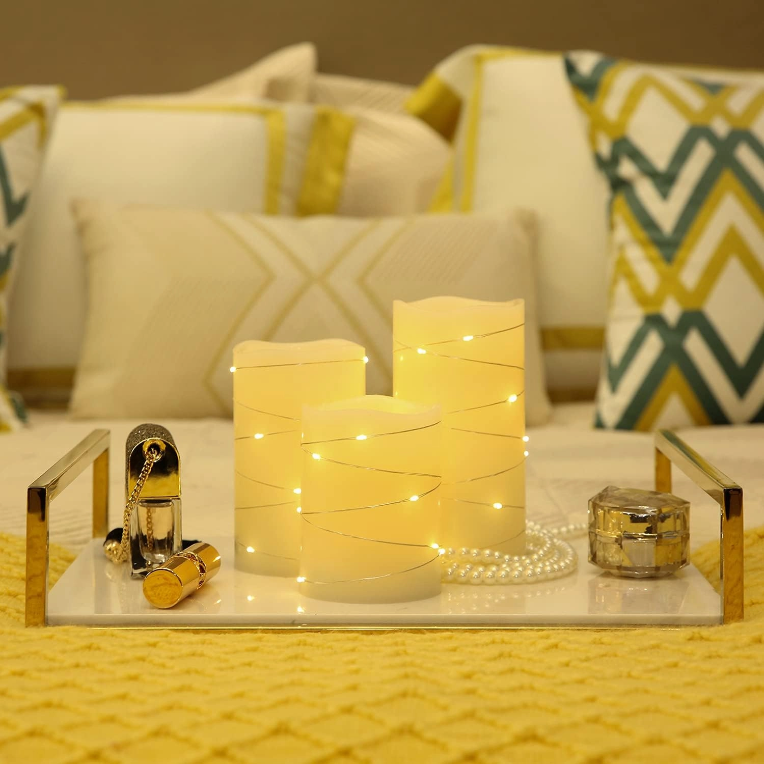 Flickering Flameless Candles Ivory Real Wax Pillar with Embedded String Lights LED Candles Battery Operated with Cycling 5H Timer Set of 3 (3" x 4"/5"/6") (Ivory)
