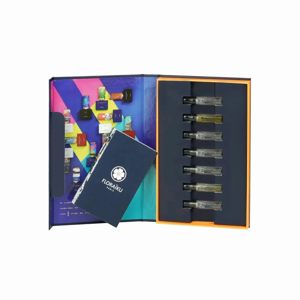 Floraiku The 7-Piece Discovery Set for Unisex (7 × 0.05 oz), including: Between Two Trees, Sleeping on the Roof, Just A Rose, I Am Coming Home, In The Dark, Golden Eyes, and AO