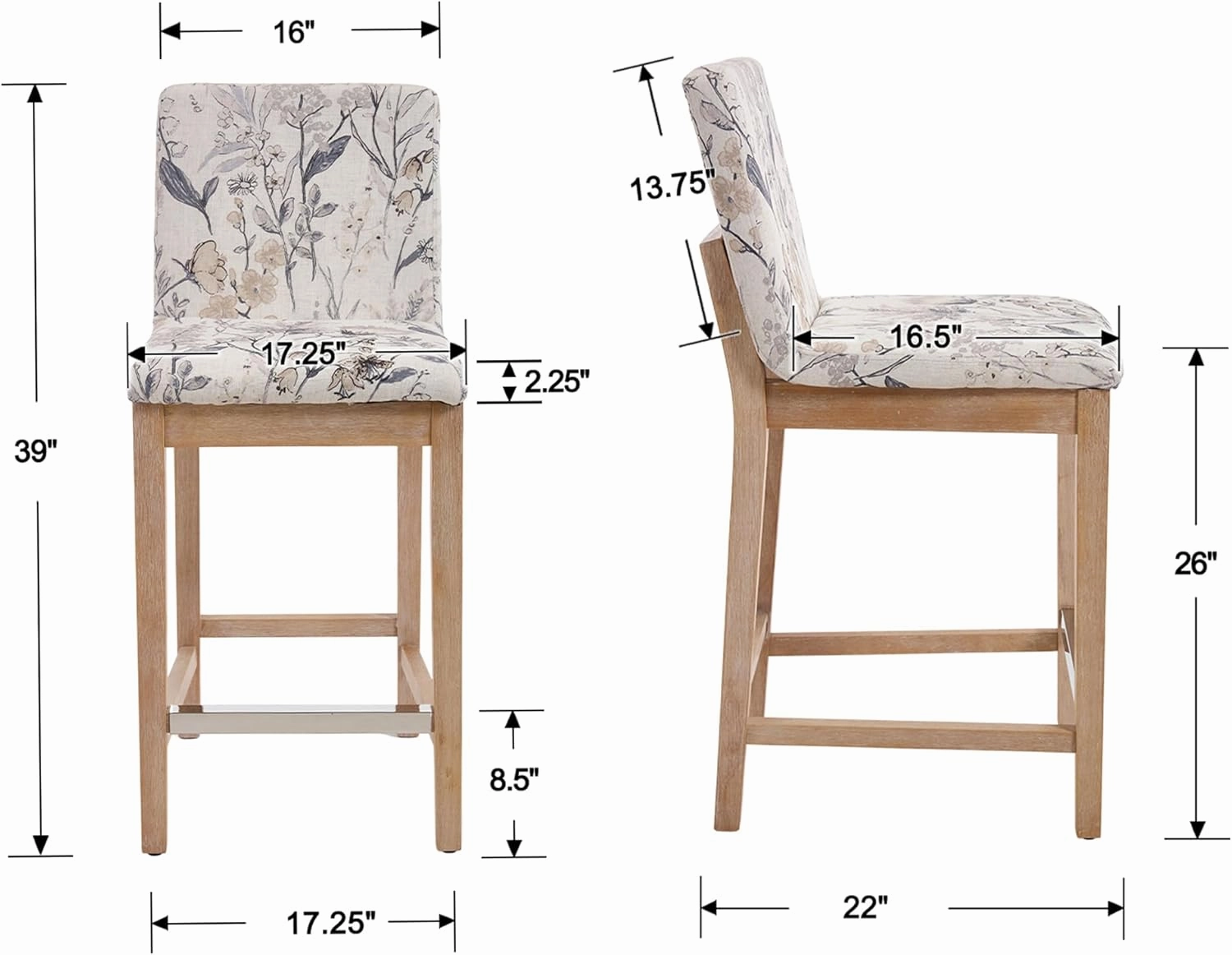 Floral Counter Height Bar Stools Set of 2 Fabric Upholstered Kitchen Island Stools with Solid Wood Legs 26" Mid Century Modern Rectangular Bar Stool for Patio/Balcony, Floral