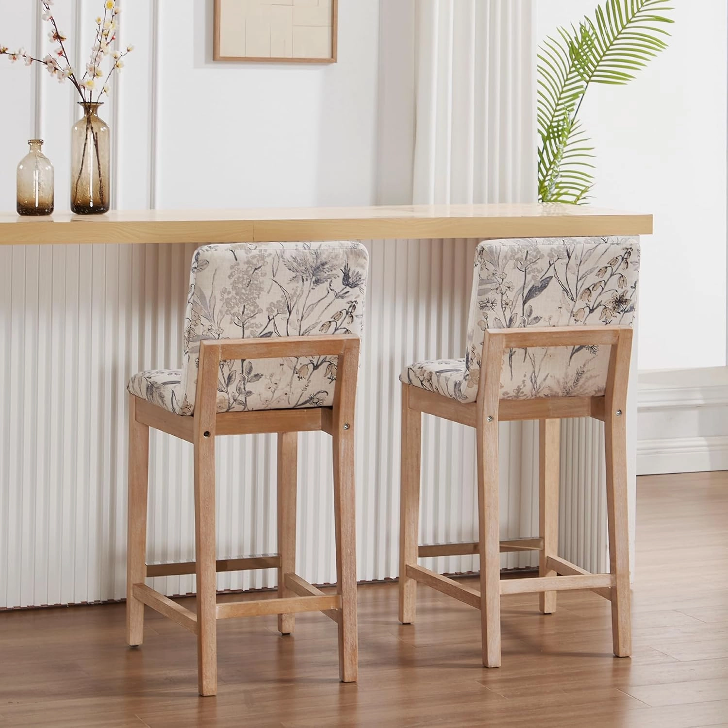 Floral Counter Height Bar Stools Set of 2 Fabric Upholstered Kitchen Island Stools with Solid Wood Legs 26" Mid Century Modern Rectangular Bar Stool for Patio/Balcony, Floral