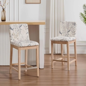 Floral Counter Height Bar Stools Set of 2 Fabric Upholstered Kitchen Island Stools with Solid Wood Legs 26" Mid Century Modern Rectangular Bar Stool for Patio/Balcony, Floral