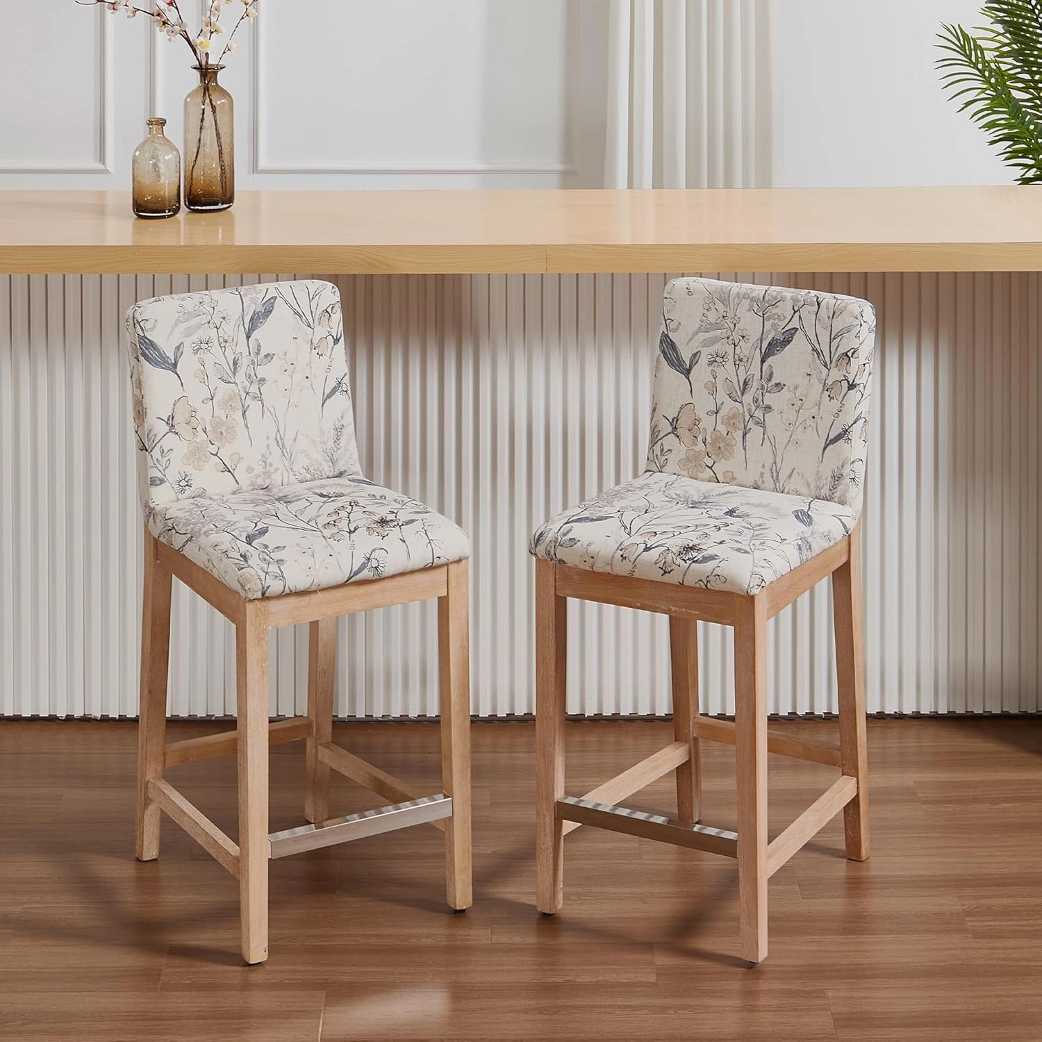 Floral Counter Height Bar Stools Set of 2 Fabric Upholstered Kitchen Island Stools with Solid Wood Legs 26" Mid Century Modern Rectangular Bar Stool for Patio/Balcony, Floral