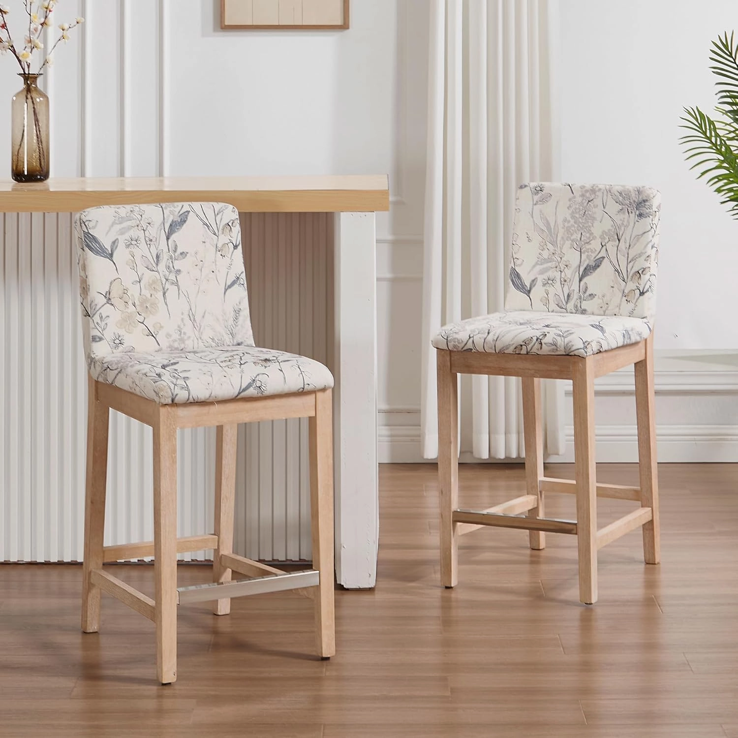 Floral Counter Height Bar Stools Set of 2 Fabric Upholstered Kitchen Island Stools with Solid Wood Legs 26" Mid Century Modern Rectangular Bar Stool for Patio/Balcony, Floral