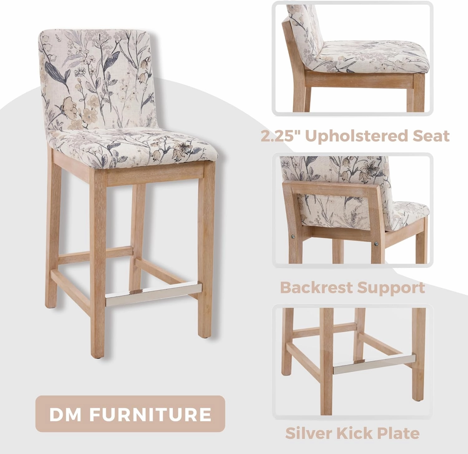 Floral Counter Height Bar Stools Set of 2 Fabric Upholstered Kitchen Island Stools with Solid Wood Legs 26" Mid Century Modern Rectangular Bar Stool for Patio/Balcony, Floral