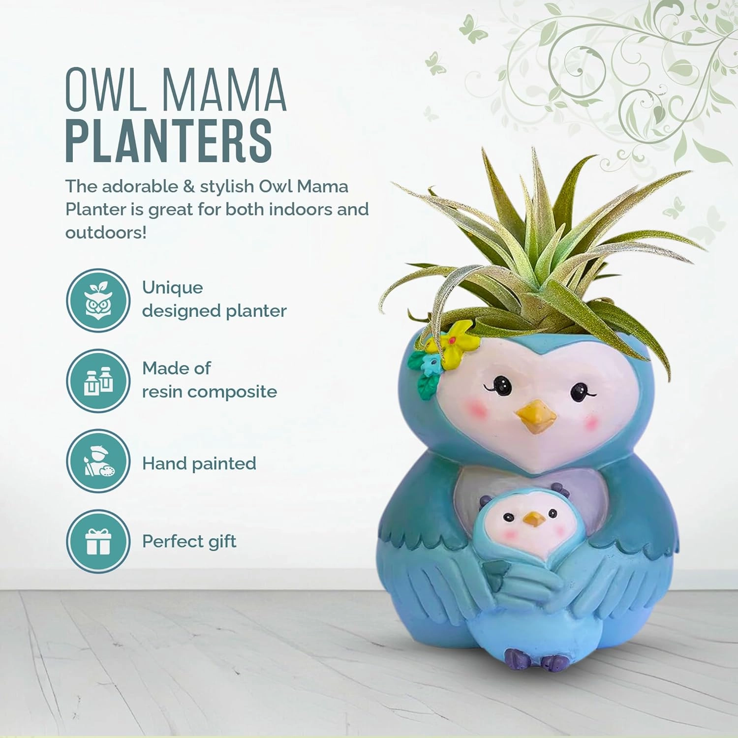 Flower Planters with Drainage Hole - Owl Mama Plant Pots 4 Inch Live Plants Stand Blue - Indoor Outdoor Small Flower Pot for Succulents, Cactus, Houseplants Stand Garden Home Office Kitchen Decor