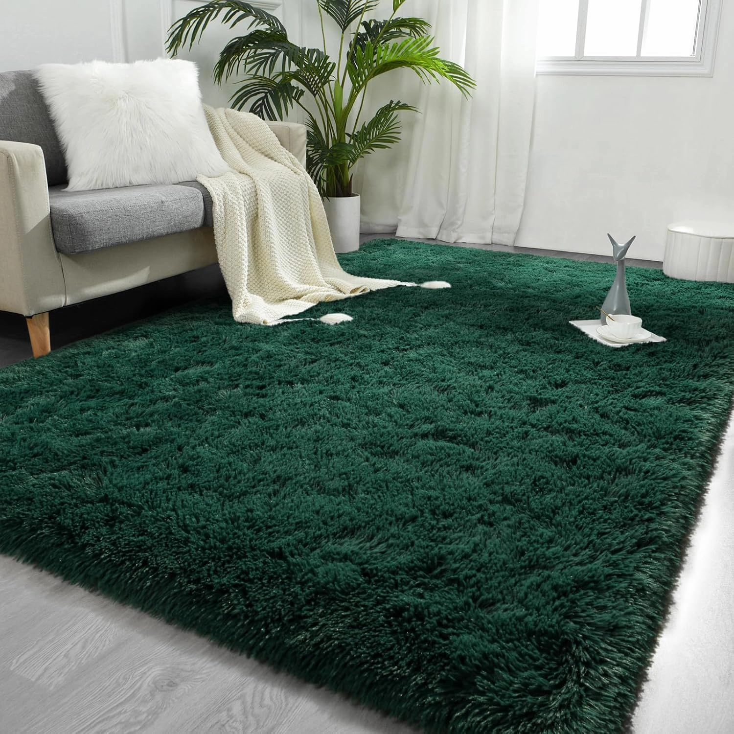 FlyDOIT Large Area Rugs for Living Room, 4x6 Feet Deep-Green Shaggy Rug Fluffy Throw Carpets, Ultra Soft Plush Modern Indoor Fuzzy Rugs for Bedroom Girls Kids Nursery Room Dorm Home Decor