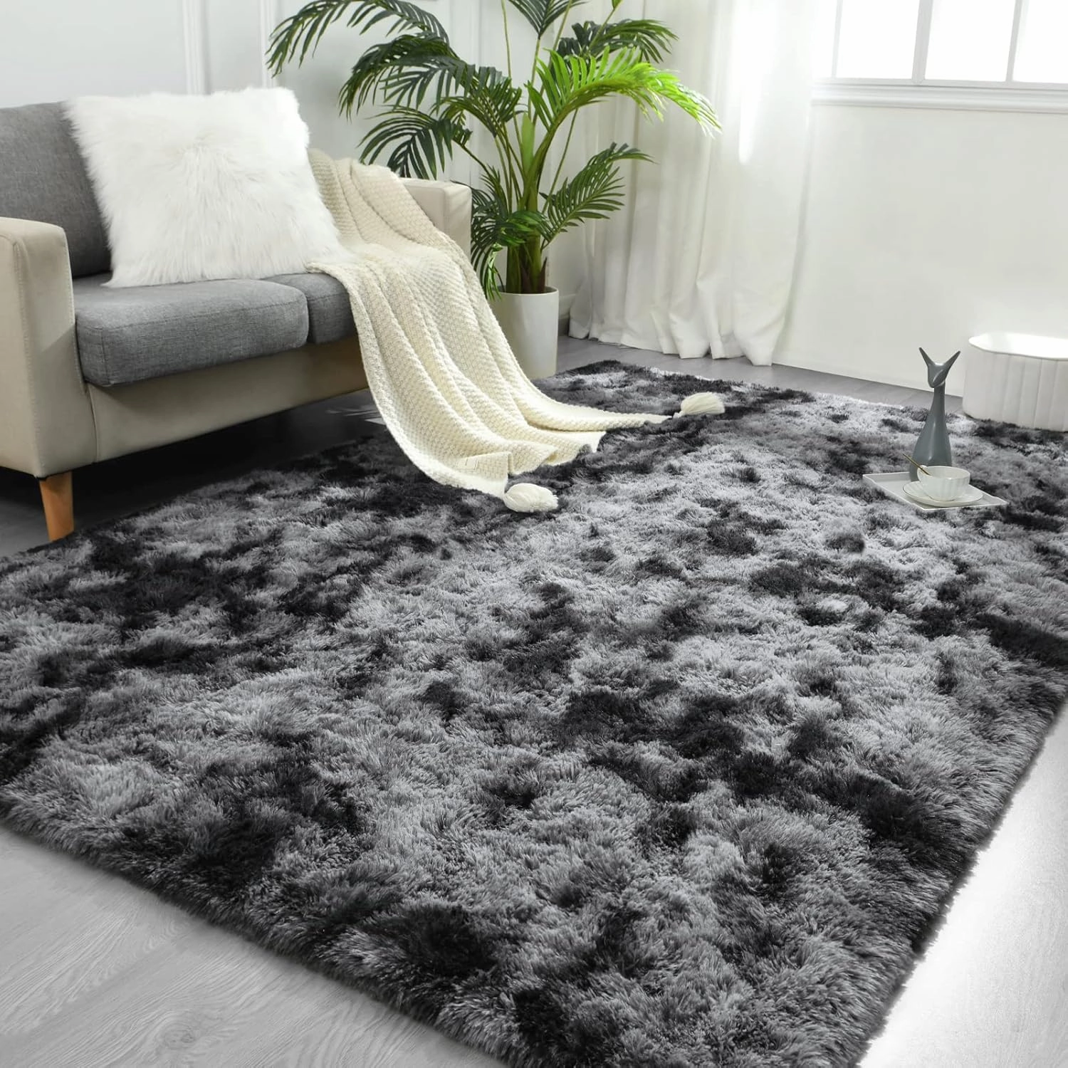 FlyDOIT Large Area Rugs for Living Room, 4x6 Feet Tie-Dyed Dark Grey Shaggy Rug Fluffy Throw Carpets, Ultra Soft Plush Modern Indoor Fuzzy Rugs for Bedroom Girls Kids Nursery Room Dorm Home Decor