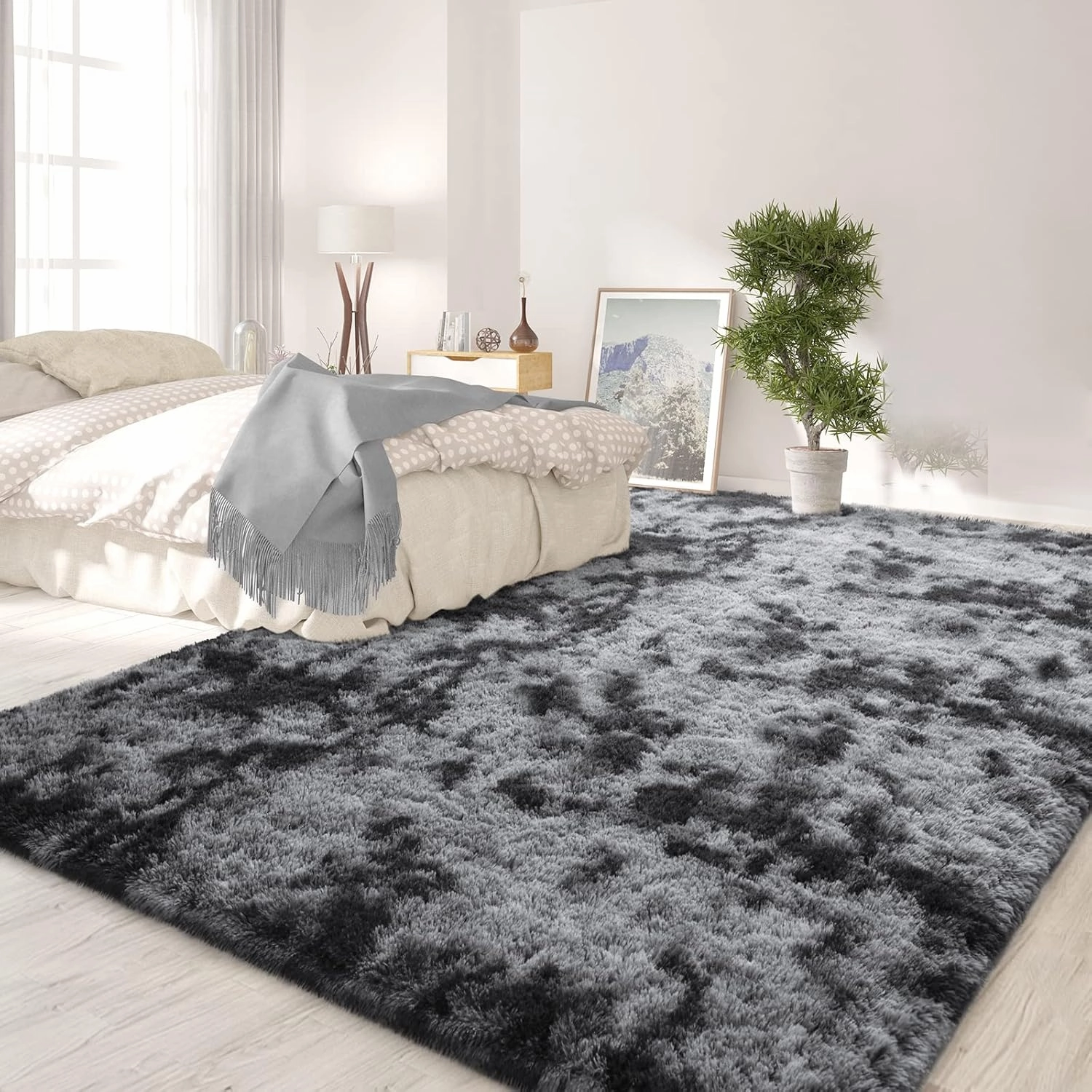 FlyDOIT Large Area Rugs for Living Room, 4x6 Feet Tie-Dyed Dark Grey Shaggy Rug Fluffy Throw Carpets, Ultra Soft Plush Modern Indoor Fuzzy Rugs for Bedroom Girls Kids Nursery Room Dorm Home Decor