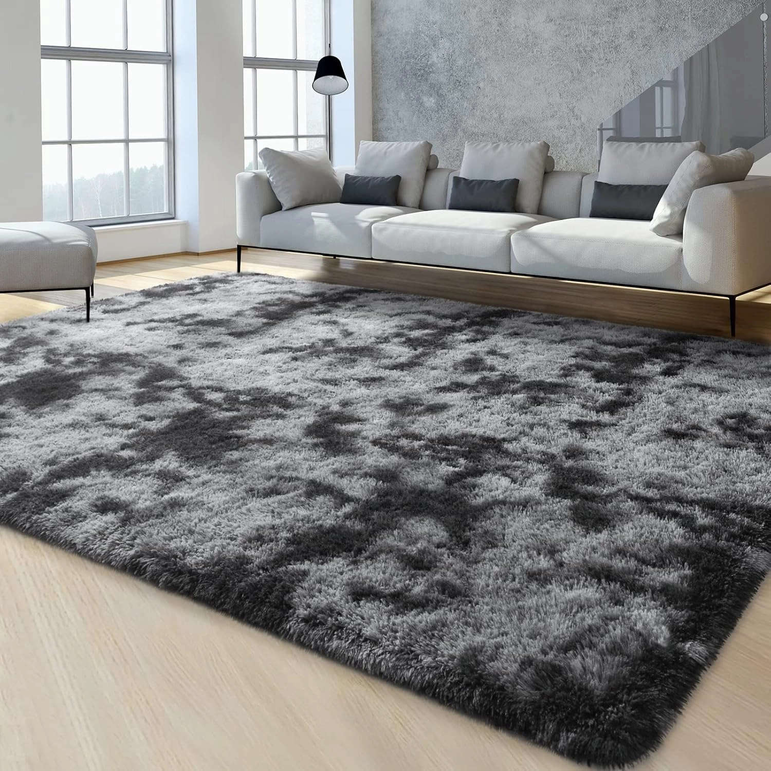 FlyDOIT Large Area Rugs for Living Room, 4x6 Feet Tie-Dyed Dark Grey Shaggy Rug Fluffy Throw Carpets, Ultra Soft Plush Modern Indoor Fuzzy Rugs for Bedroom Girls Kids Nursery Room Dorm Home Decor