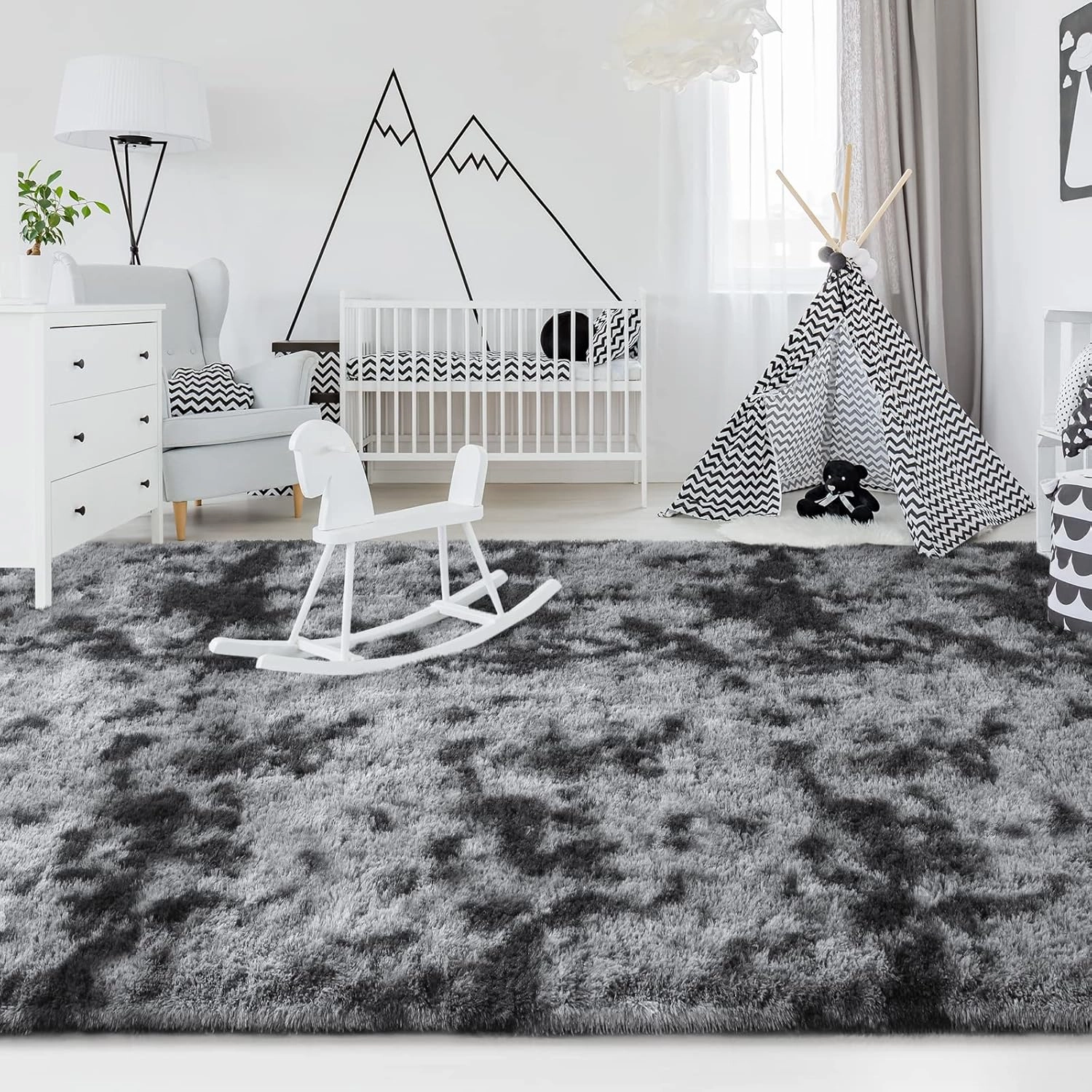FlyDOIT Large Area Rugs for Living Room, 4x6 Feet Tie-Dyed Dark Grey Shaggy Rug Fluffy Throw Carpets, Ultra Soft Plush Modern Indoor Fuzzy Rugs for Bedroom Girls Kids Nursery Room Dorm Home Decor