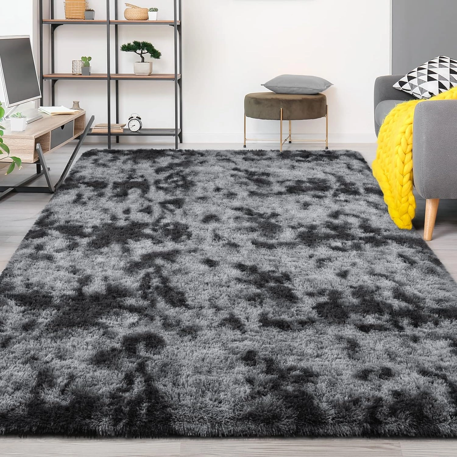 FlyDOIT Large Area Rugs for Living Room, 4x6 Feet Tie-Dyed Dark Grey Shaggy Rug Fluffy Throw Carpets, Ultra Soft Plush Modern Indoor Fuzzy Rugs for Bedroom Girls Kids Nursery Room Dorm Home Decor