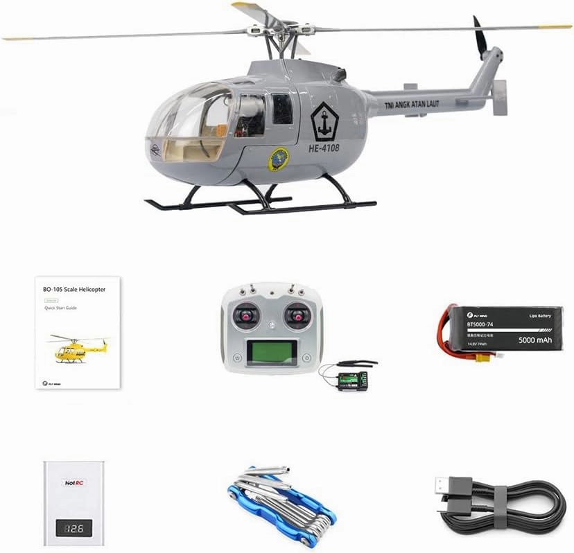 FLYWING BO105 RC Helicopter 470 Class 6CH Scale Helicopter Gray BO105 rc Plane 4 Blades Rotor Head one-Key Return Airplane Toys RTF Version