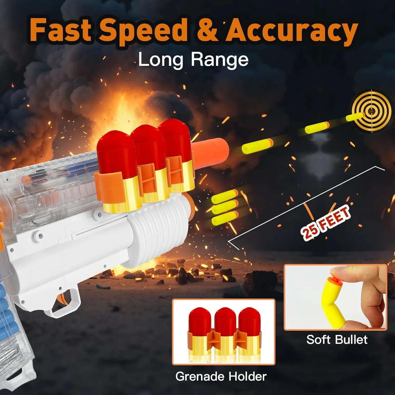 Foam Dart Launcher Toy for Teens 14 , Semi-Auto/Manual Modes Ejecting Action, Include 50 EVA Foam Darts, 2 Containers, 20 Reusable Dart Holders, 3-Dart Burst Launcher, Birthday Gift (Orange)​