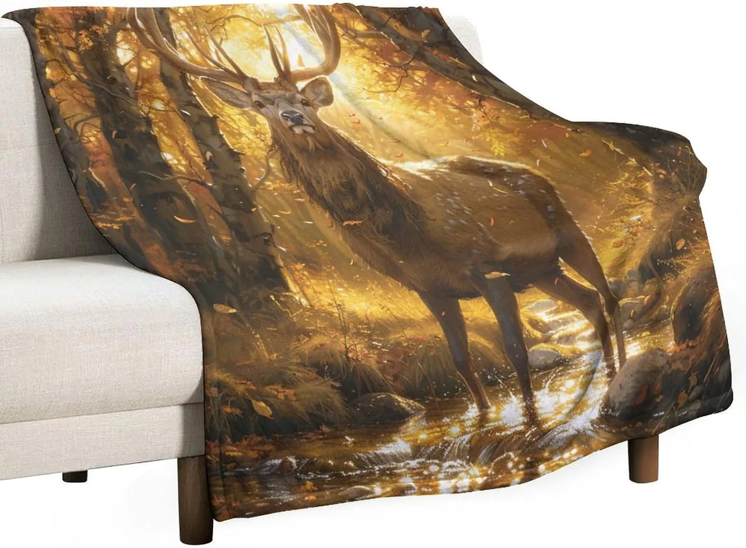 Forest Animal Deer Blanket, Soft Fuzzy Flannel Funny Elk Jungle Stream Throw Blanket for Sofa Couch Bed, Picnic, 30x40 Inch