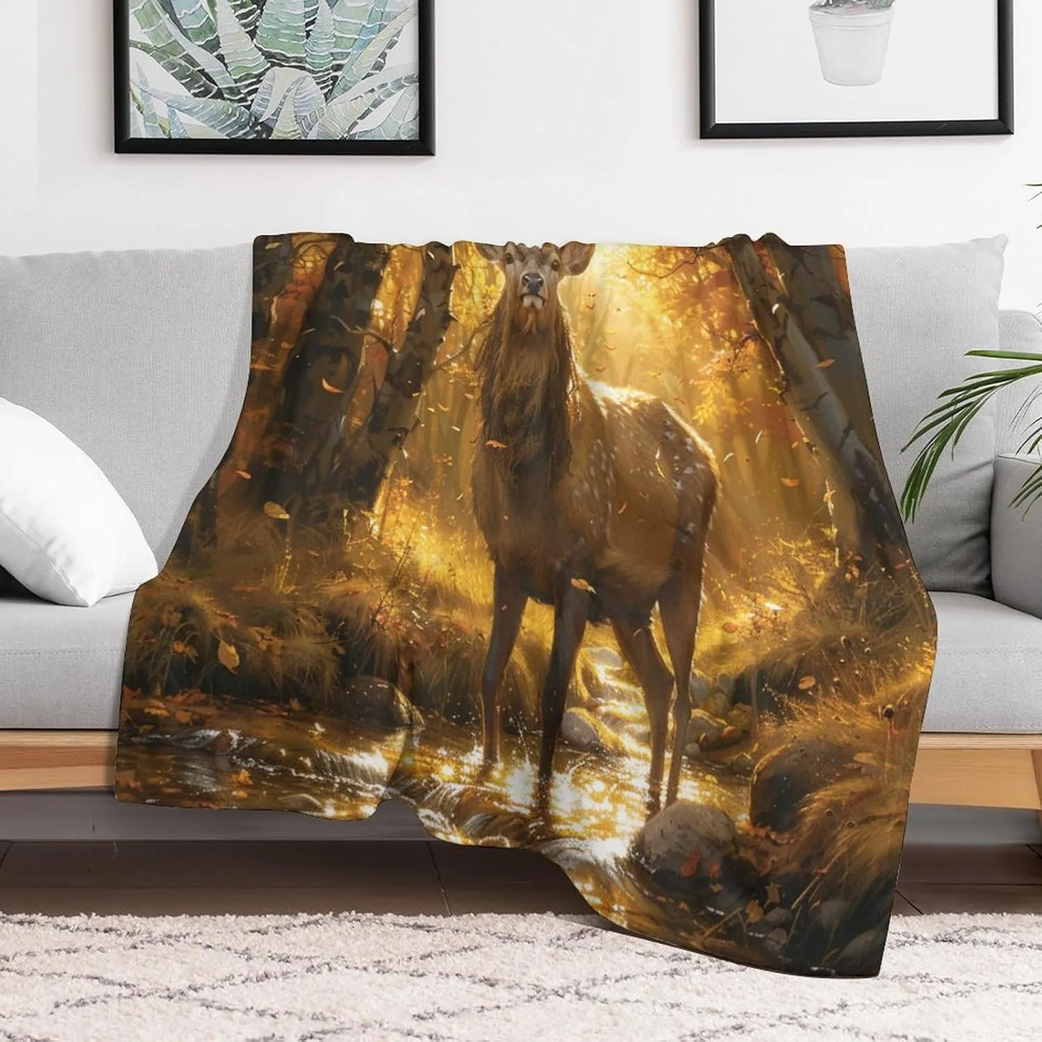 Forest Animal Deer Blanket, Soft Fuzzy Flannel Funny Elk Jungle Stream Throw Blanket for Sofa Couch Bed, Picnic, 30x40 Inch