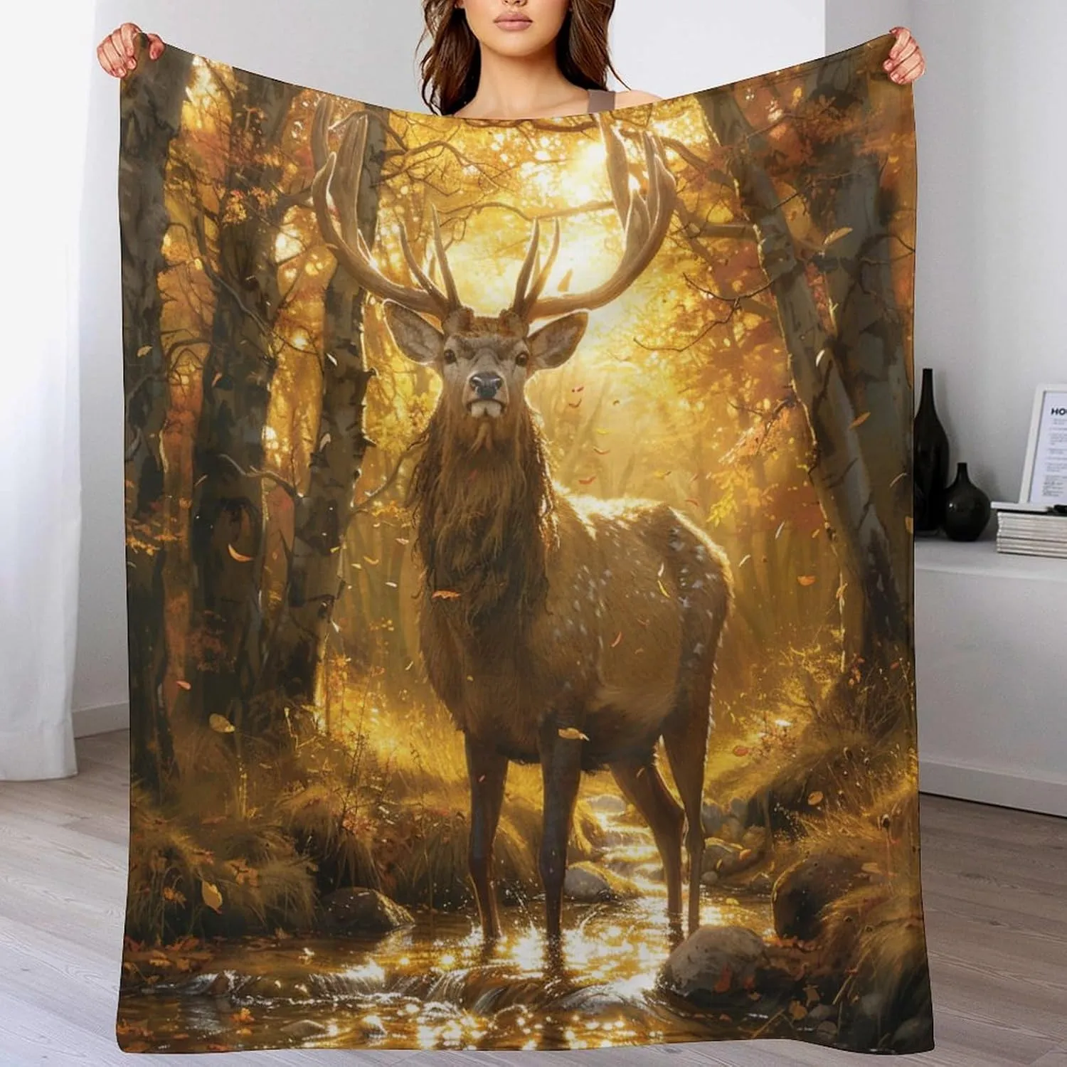 Forest Animal Deer Blanket, Soft Fuzzy Flannel Funny Elk Jungle Stream Throw Blanket for Sofa Couch Bed, Picnic, 30x40 Inch