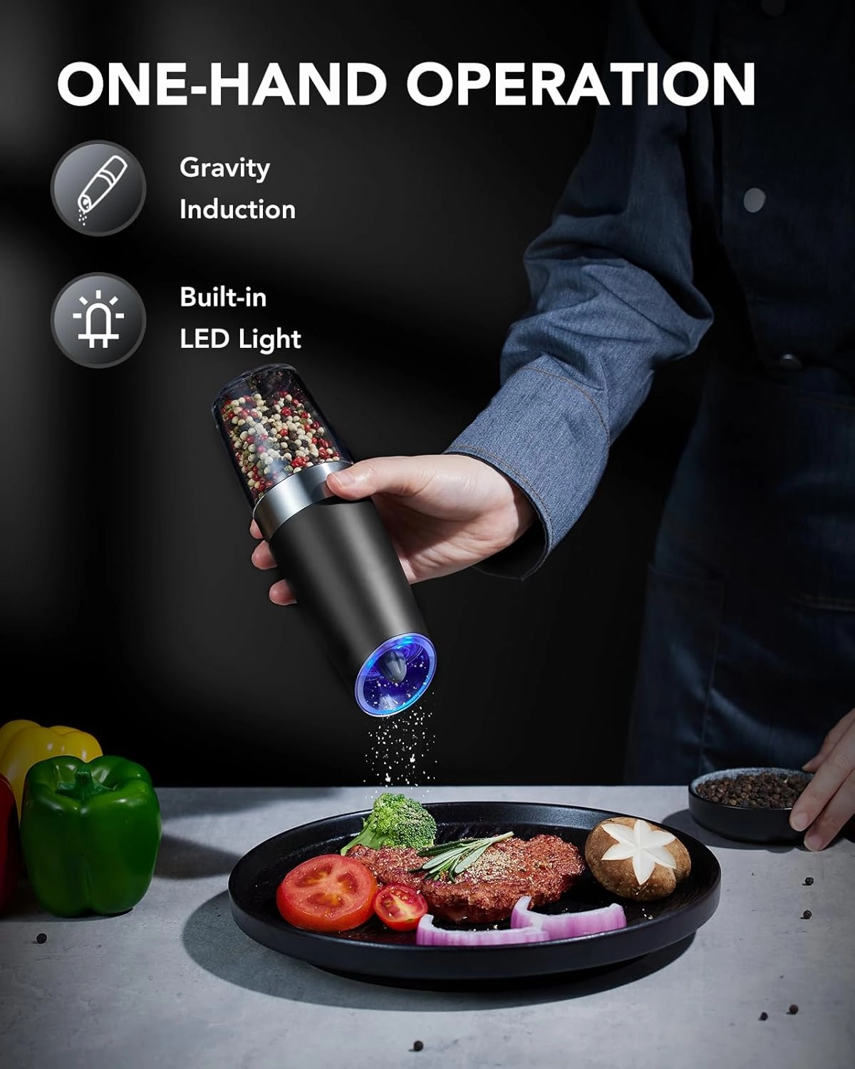 FORLIM Gravity Electric Salt and Pepper Grinder Set, Automatic Pepper Grinder Shakers Mill, Upgraded Batteries Powered Adjustable Coarseness with LED, One Hand Operation Perfect for Kitchen(Black)