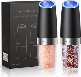 FORLIM Gravity Electric Salt and Pepper Grinder Set, Automatic Pepper Grinder Shakers Mill, Upgraded Batteries Powered Adjustable Coarseness with LED, One Hand Operation Perfect for Kitchen(Black)