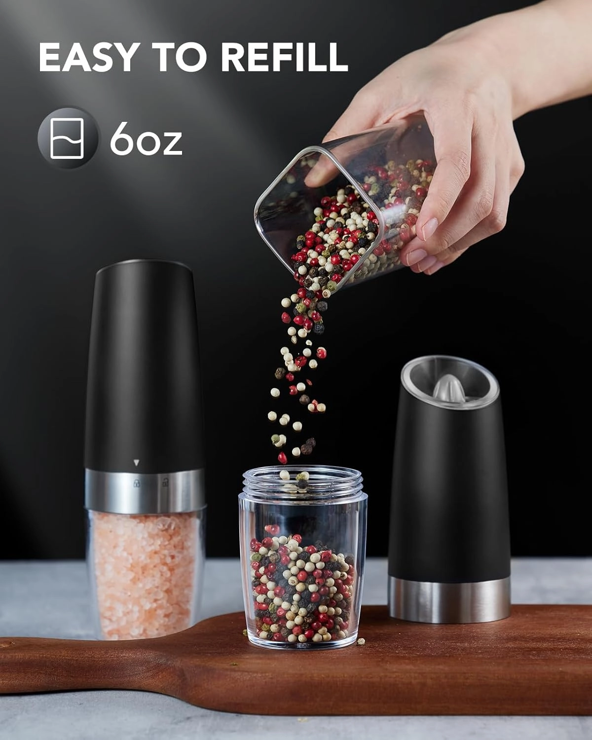 FORLIM Gravity Electric Salt and Pepper Grinder Set, Automatic Pepper Grinder Shakers Mill, Upgraded Batteries Powered Adjustable Coarseness with LED, One Hand Operation Perfect for Kitchen(Black)
