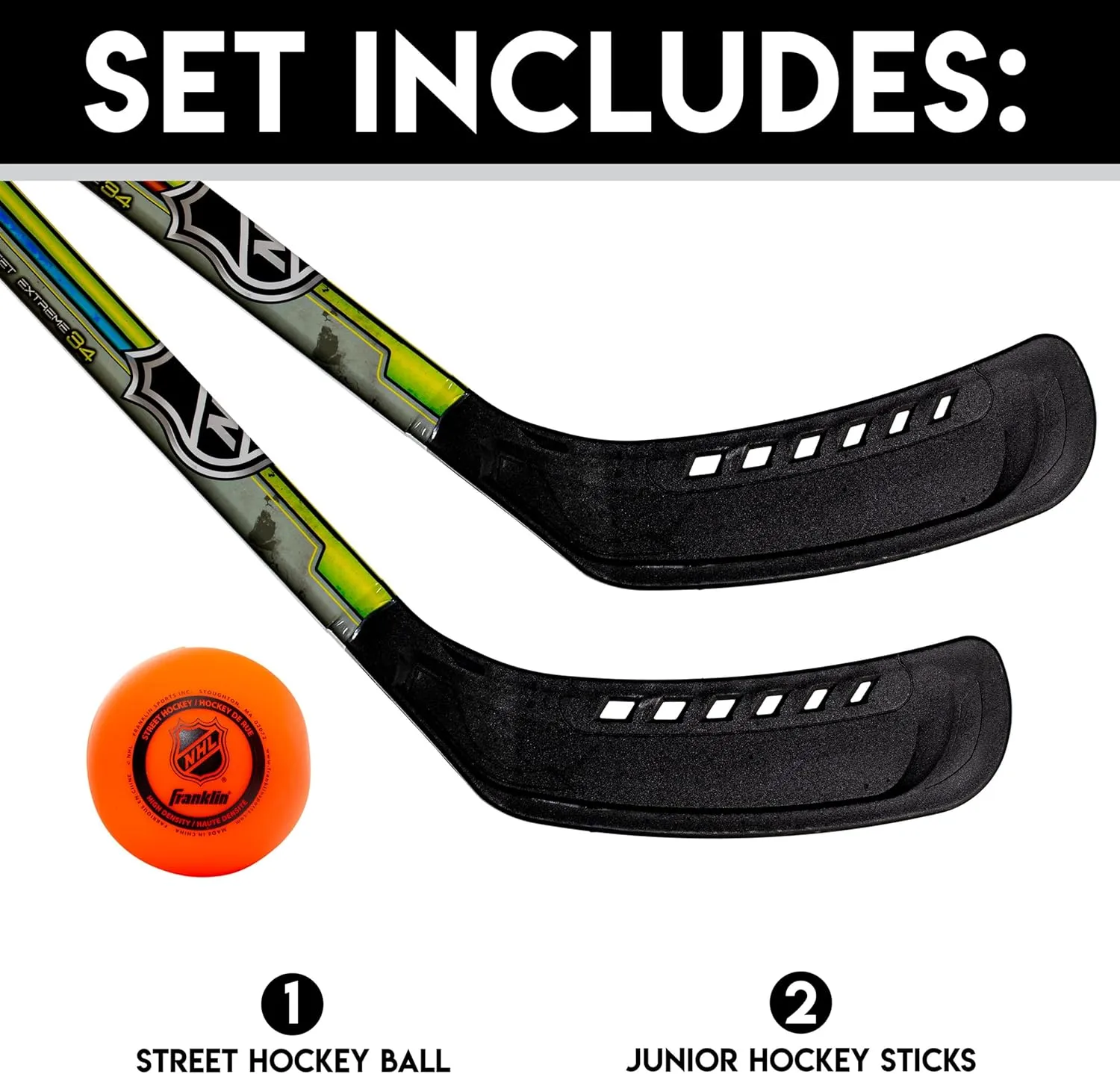 Franklin Sports NHL Kids Street Hockey Stick Set - Includes (2) Youth Street Hockey Sticks   (1) Outdoor Roller Hockey Ball - Perfect Hockey Starter Set for Kids