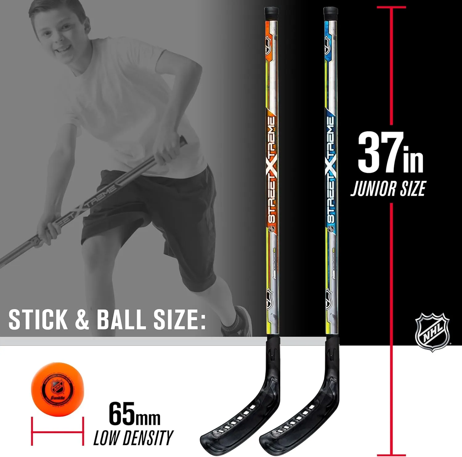 Franklin Sports NHL Kids Street Hockey Stick Set - Includes (2) Youth Street Hockey Sticks   (1) Outdoor Roller Hockey Ball - Perfect Hockey Starter Set for Kids
