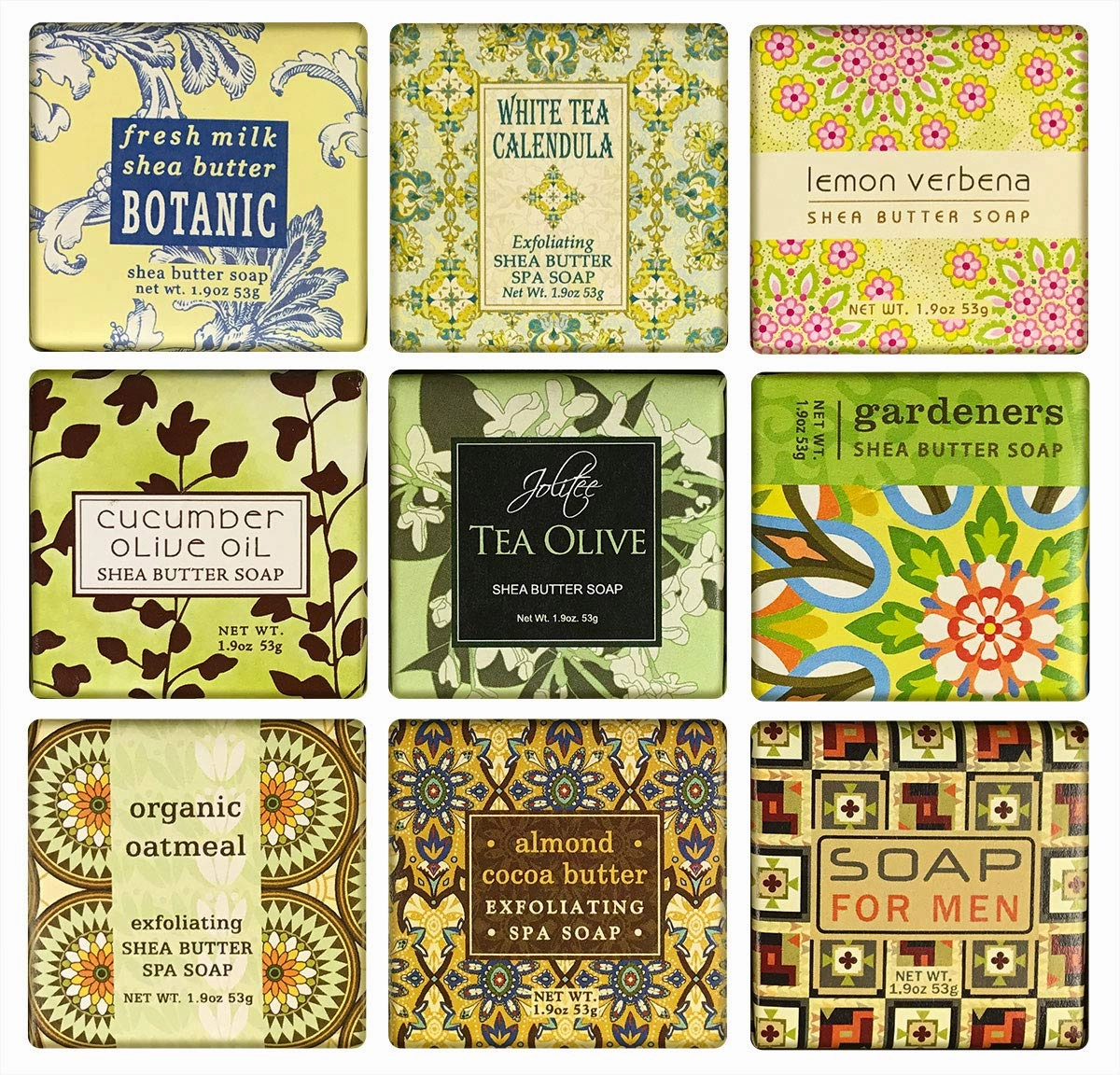 French Milled Botanical Soap Sampler Set of 9 - Individually Wrapped Vegetable-Based Mini Soaps with Essential Oils, Shea Butter, and Natural Extracts (Pure and Simple)