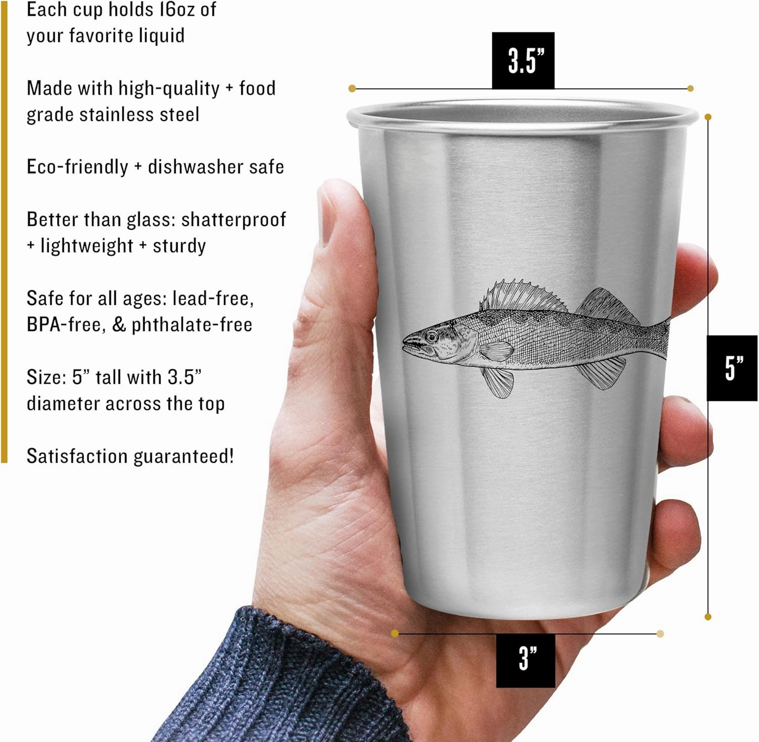 Freshwater Fish (Set of 4) Stainless Steel Pint Cups - Unique Gift for Guys - Tumblers for Home, Travel, Camping, Camper, Office, A Birthday Gift For Men - Durable Glasses or Mugs