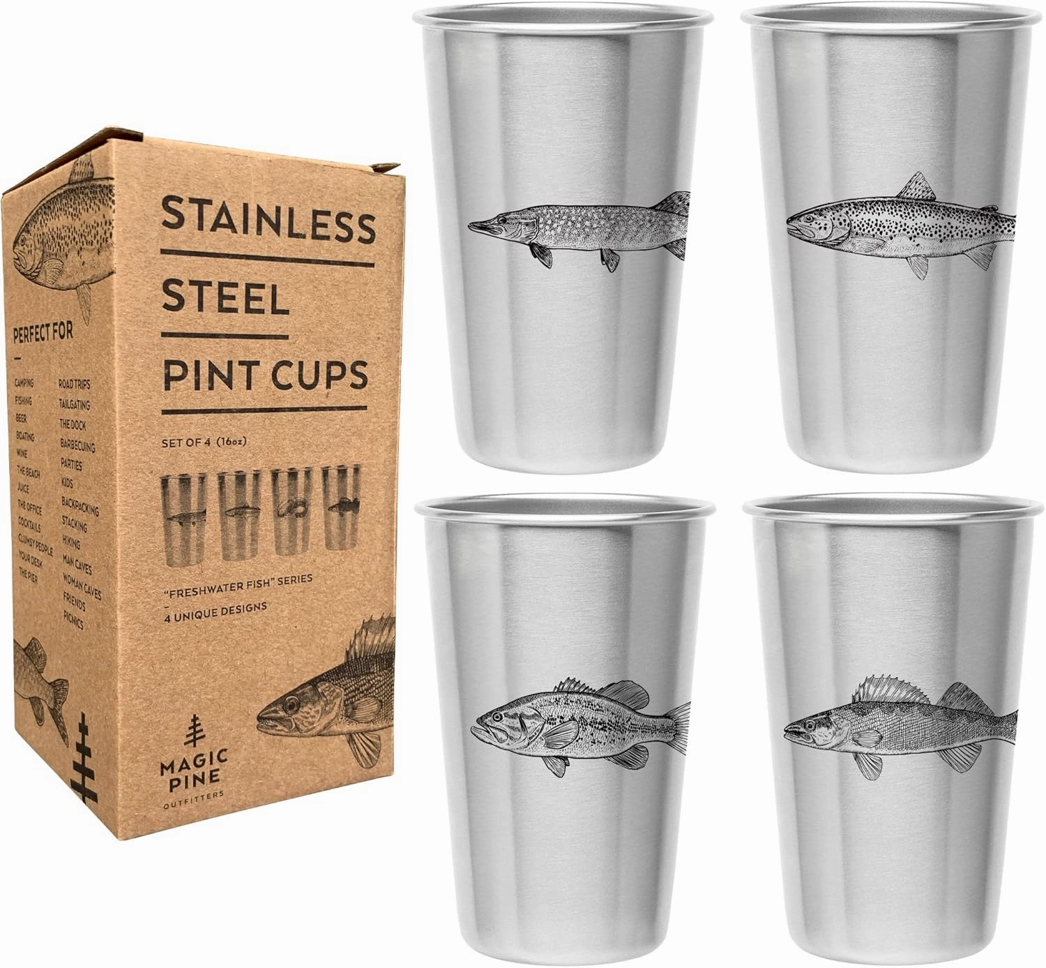 Freshwater Fish (Set of 4) Stainless Steel Pint Cups - Unique Gift for Guys - Tumblers for Home, Travel, Camping, Camper, Office, A Birthday Gift For Men - Durable Glasses or Mugs