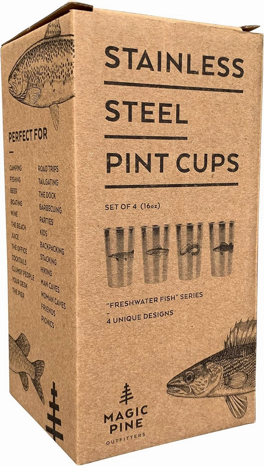 Freshwater Fish (Set of 4) Stainless Steel Pint Cups - Unique Gift for Guys - Tumblers for Home, Travel, Camping, Camper, Office, A Birthday Gift For Men - Durable Glasses or Mugs