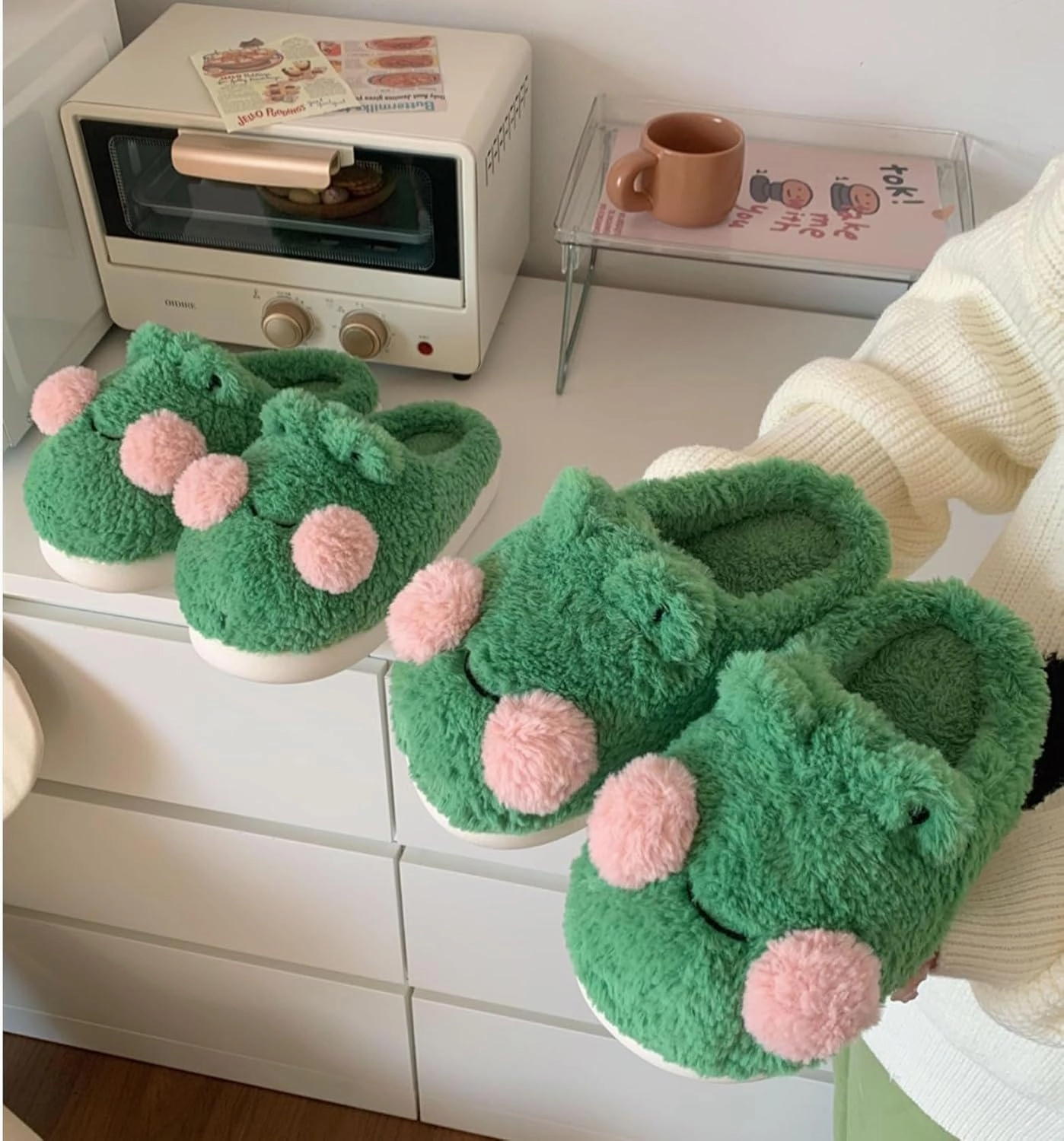 Frog Cartoon Animal Slippers - Fluffy Retro Memory Foam Plush Indoor Home Shoes With Thick Soles