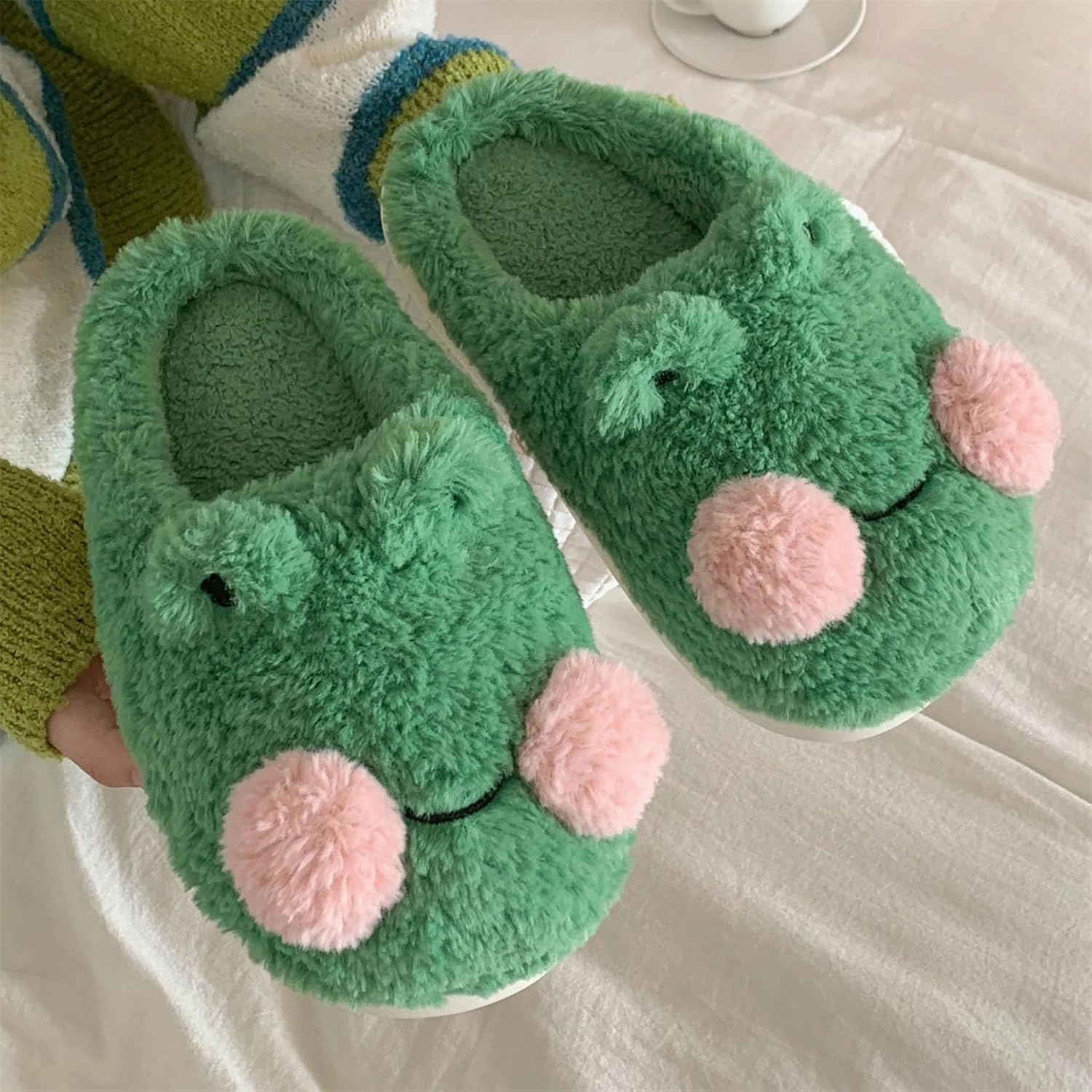 Frog Cartoon Animal Slippers - Fluffy Retro Memory Foam Plush Indoor Home Shoes With Thick Soles