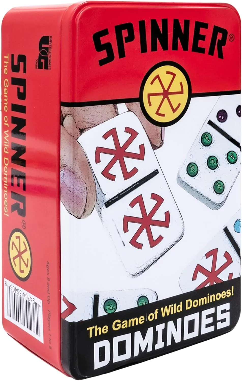Front Porch Classics, Spinner Colored Dot Dominoes Set, On-The-Go Travel Storage Tin 2 to 8 Players Ages 8 to 99