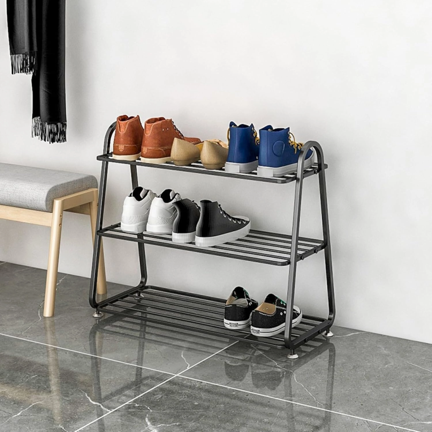 Front Door Entrance Small Shoe Rack,Shoe Organizer Entryway Narrow Closet Stackable Outdoor Weatherproof Shoe Holder Free Standing Wall Garage 3 Tier Room Shoe Shelf (Black,H/22.8in)