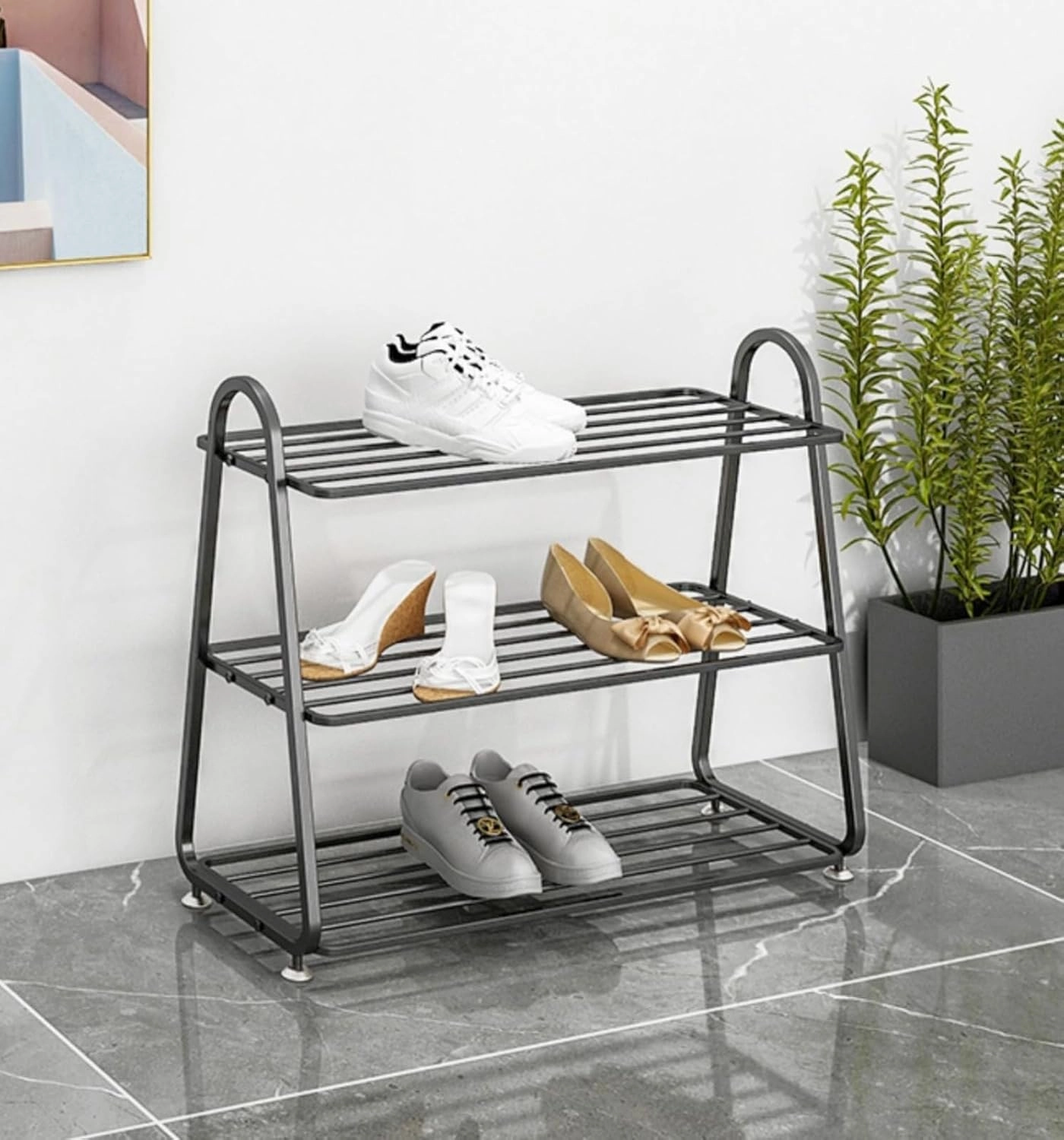 Front Door Entrance Small Shoe Rack,Shoe Organizer Entryway Narrow Closet Stackable Outdoor Weatherproof Shoe Holder Free Standing Wall Garage 3 Tier Room Shoe Shelf (Black,H/22.8in)