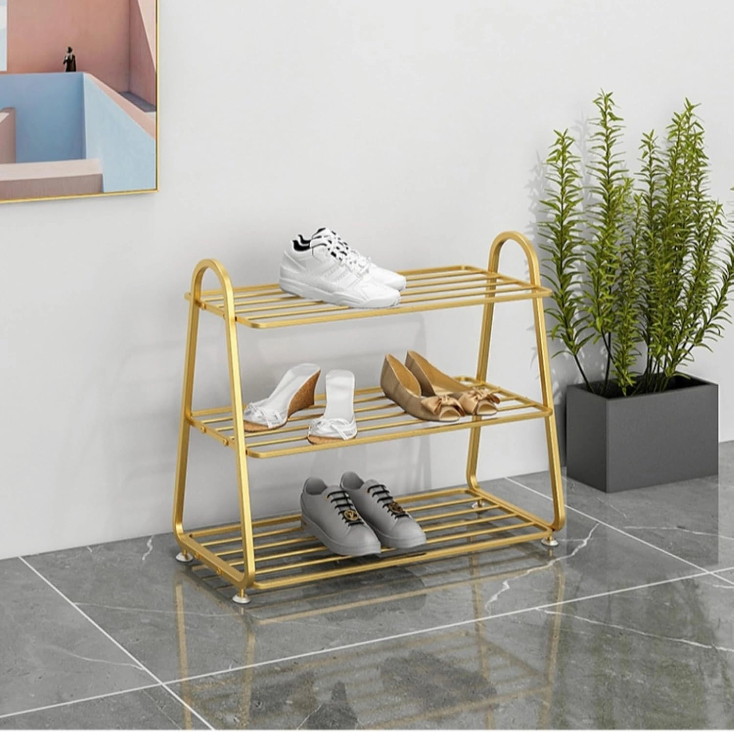 Front Door Entrance Small Shoe Rack,Shoe Organizer Entryway Narrow Closet Stackable Outdoor Weatherproof Shoe Holder Free Standing Wall Garage 3 Tier Room Shoe Shelf (Black,H/22.8in)