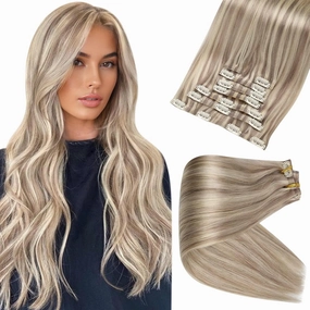 Full Shine Seamless Clip in Hair Extensions Ash Blonde Mix Platinum Blonde Human Hair Straight 14 Inch & 20 Inch Total 8 Pieces