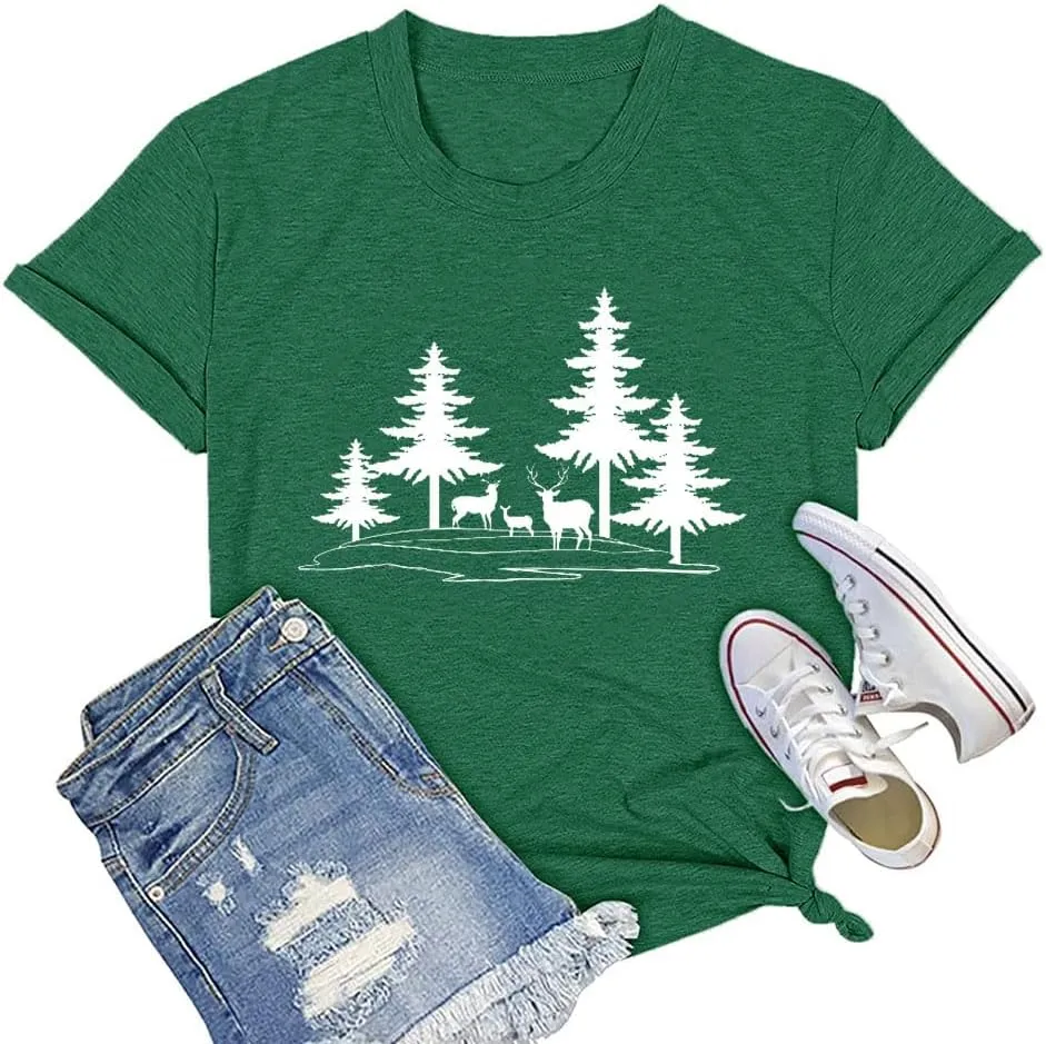 Funny Graphic Women Skinny Pine Tree Shirt Summer Hiking Camping Athletic Tees Nature Casual Comfy Clothes