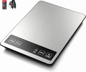Fuzion Food Scale, 1g/0.1oz Kitchen Scale - 22lb, 7 Units, Tare & Timer Functions, Rechargeable Power, Tempered Glass & Stainless Steel - Digital Food Scale Grams and oz for Cooking, Baking