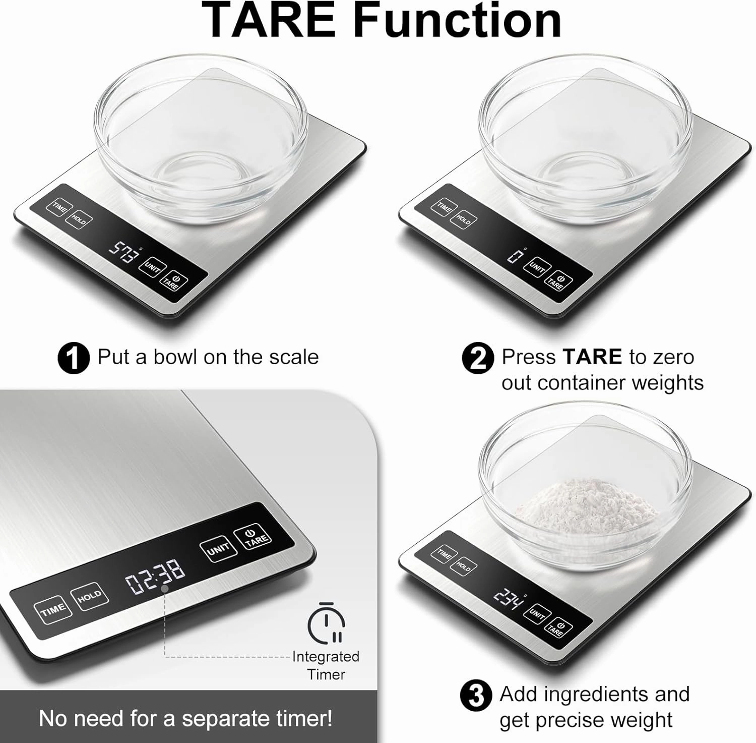 Fuzion Food Scale, 1g/0.1oz Kitchen Scale - 22lb, 7 Units, Tare & Timer Functions, Rechargeable Power, Tempered Glass & Stainless Steel - Digital Food Scale Grams and oz for Cooking, Baking