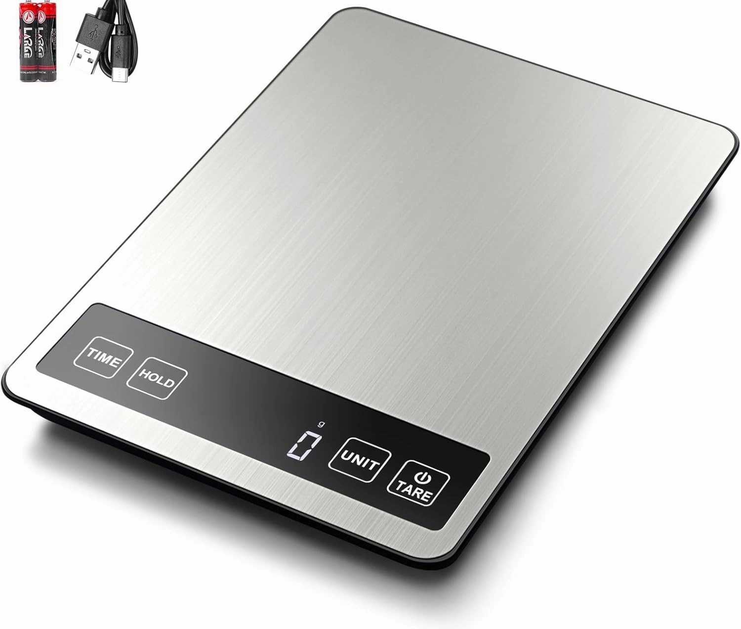 Fuzion Food Scale, 1g/0.1oz Kitchen Scale - 22lb, 7 Units, Tare & Timer Functions, Rechargeable Power, Tempered Glass & Stainless Steel - Digital Food Scale Grams and oz for Cooking, Baking