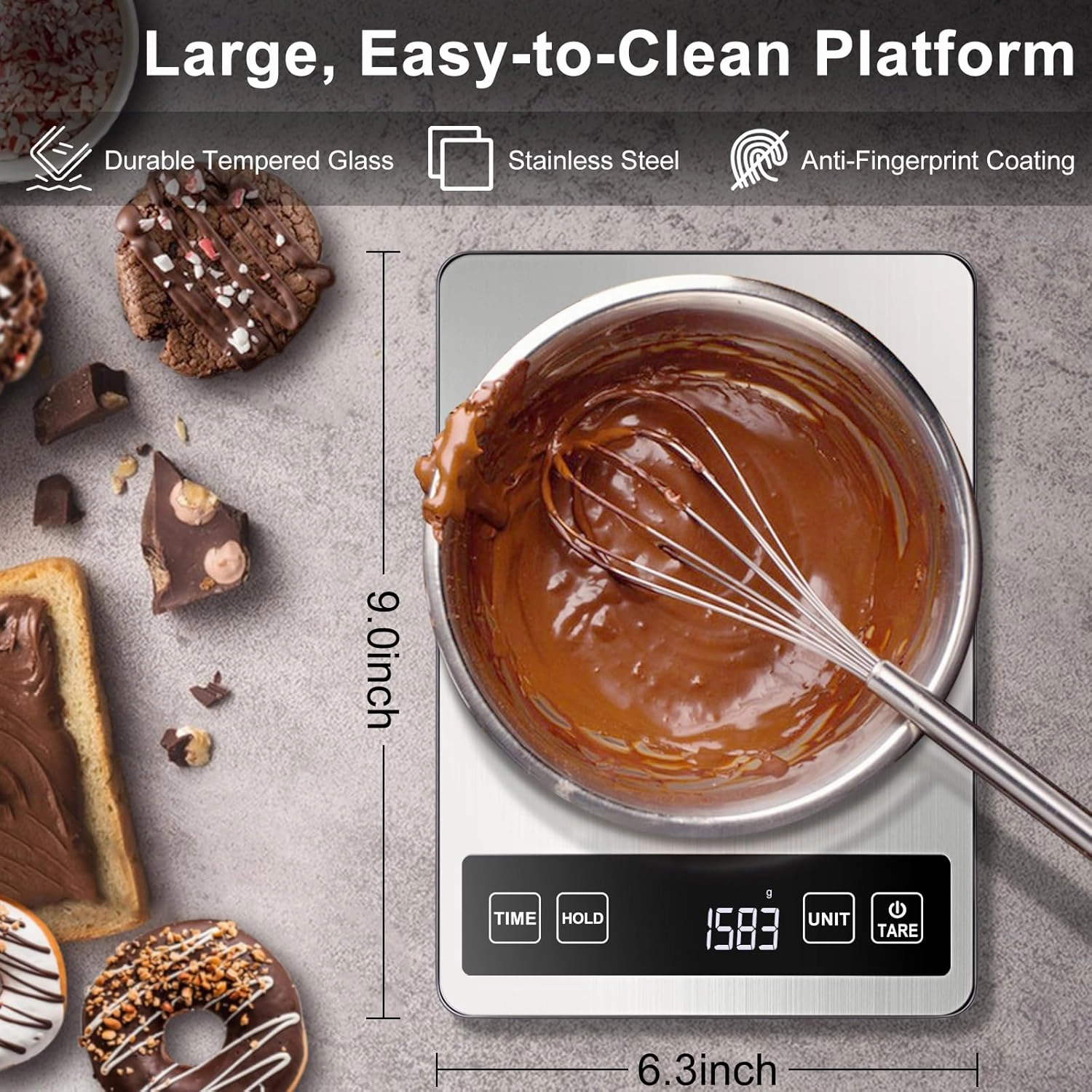 Fuzion Food Scale, 1g/0.1oz Kitchen Scale - 22lb, 7 Units, Tare & Timer Functions, Rechargeable Power, Tempered Glass & Stainless Steel - Digital Food Scale Grams and oz for Cooking, Baking