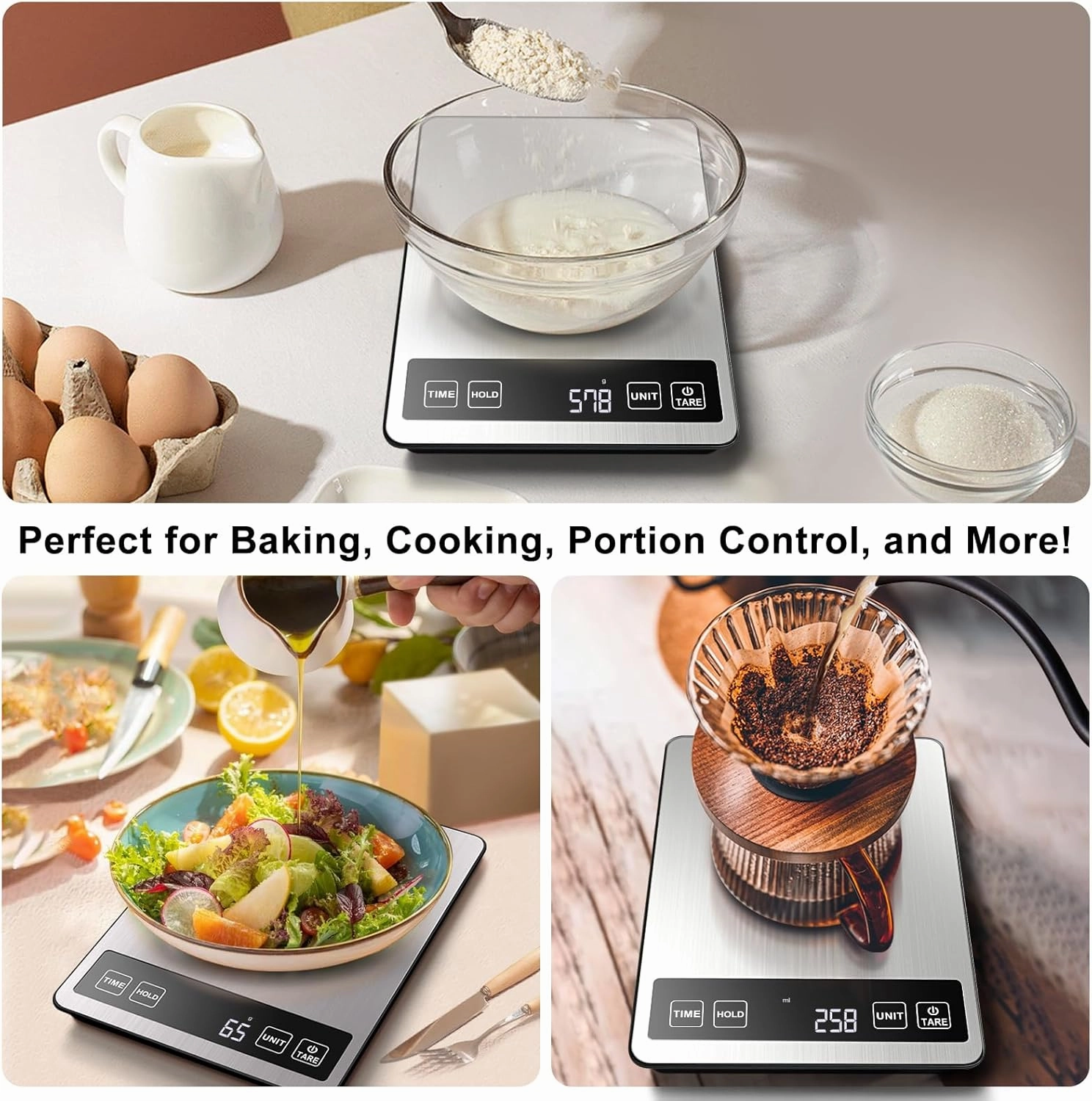 Fuzion Food Scale, 1g/0.1oz Kitchen Scale - 22lb, 7 Units, Tare & Timer Functions, Rechargeable Power, Tempered Glass & Stainless Steel - Digital Food Scale Grams and oz for Cooking, Baking