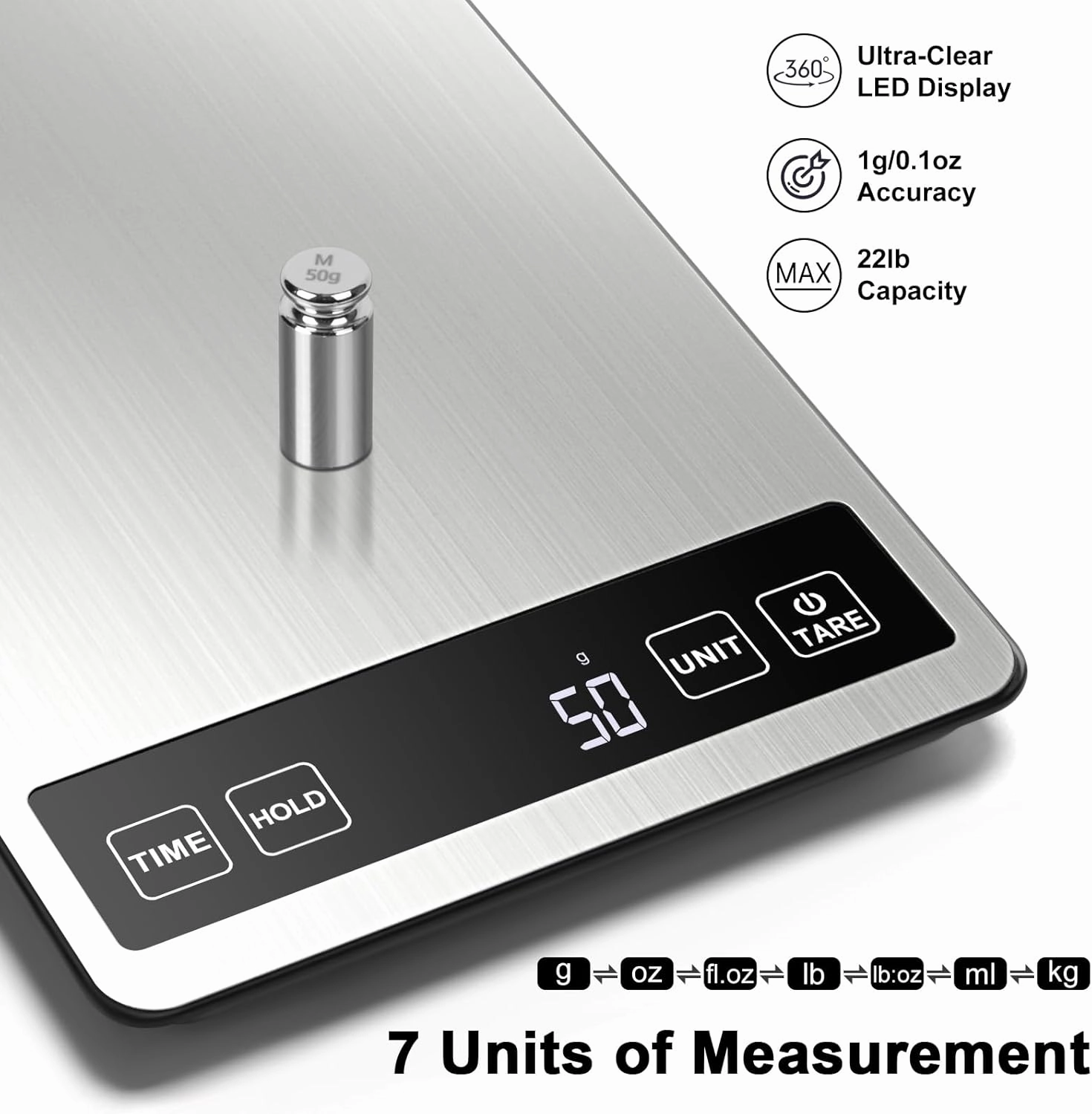 Fuzion Food Scale, 1g/0.1oz Kitchen Scale - 22lb, 7 Units, Tare & Timer Functions, Rechargeable Power, Tempered Glass & Stainless Steel - Digital Food Scale Grams and oz for Cooking, Baking