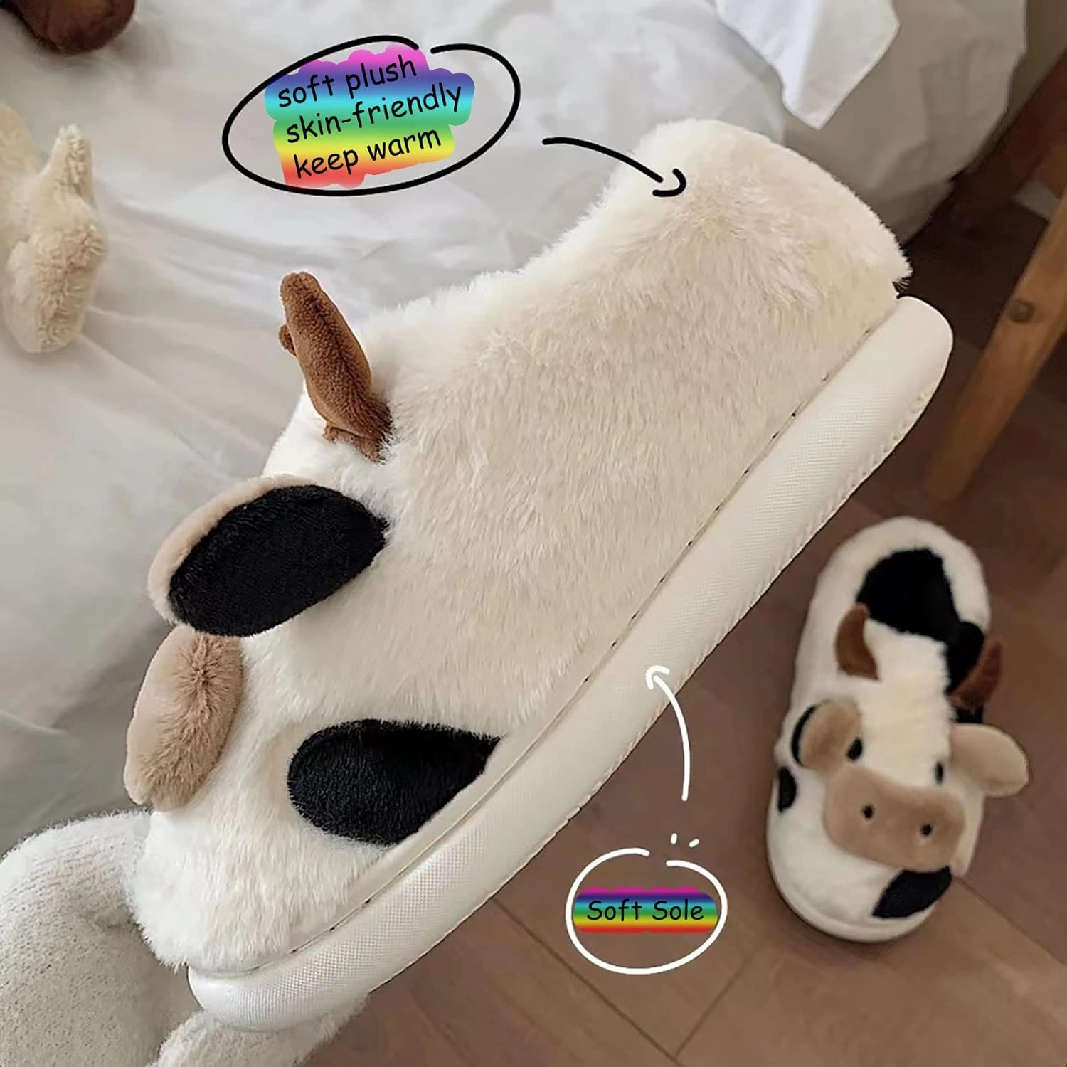 Fuzzy Cow Slippers for Women Men, Cute Cotton Animals House Shoes Fluffy Plush Slippers for Girls Indoor Living Room Bedroom