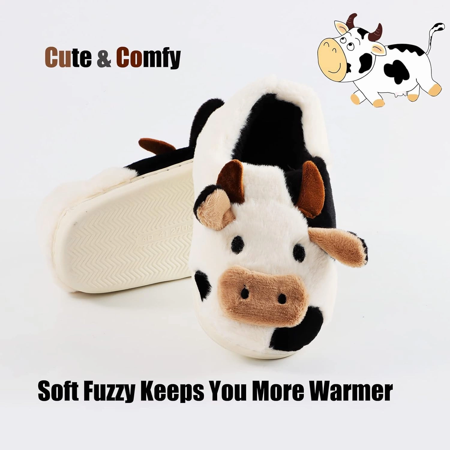 Fuzzy Cow Slippers for Women Men, Cute Cotton Animals House Shoes Fluffy Plush Slippers for Girls Indoor Living Room Bedroom