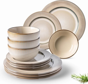 GBHOME Ceramic Dinnerware Sets,12 pcs Embossed Elegant Stoneware Plates and Bowls Sets, Housewarming Wedding Gift | Dishwasher & Microwave Safe | Dishes Set Service for 4